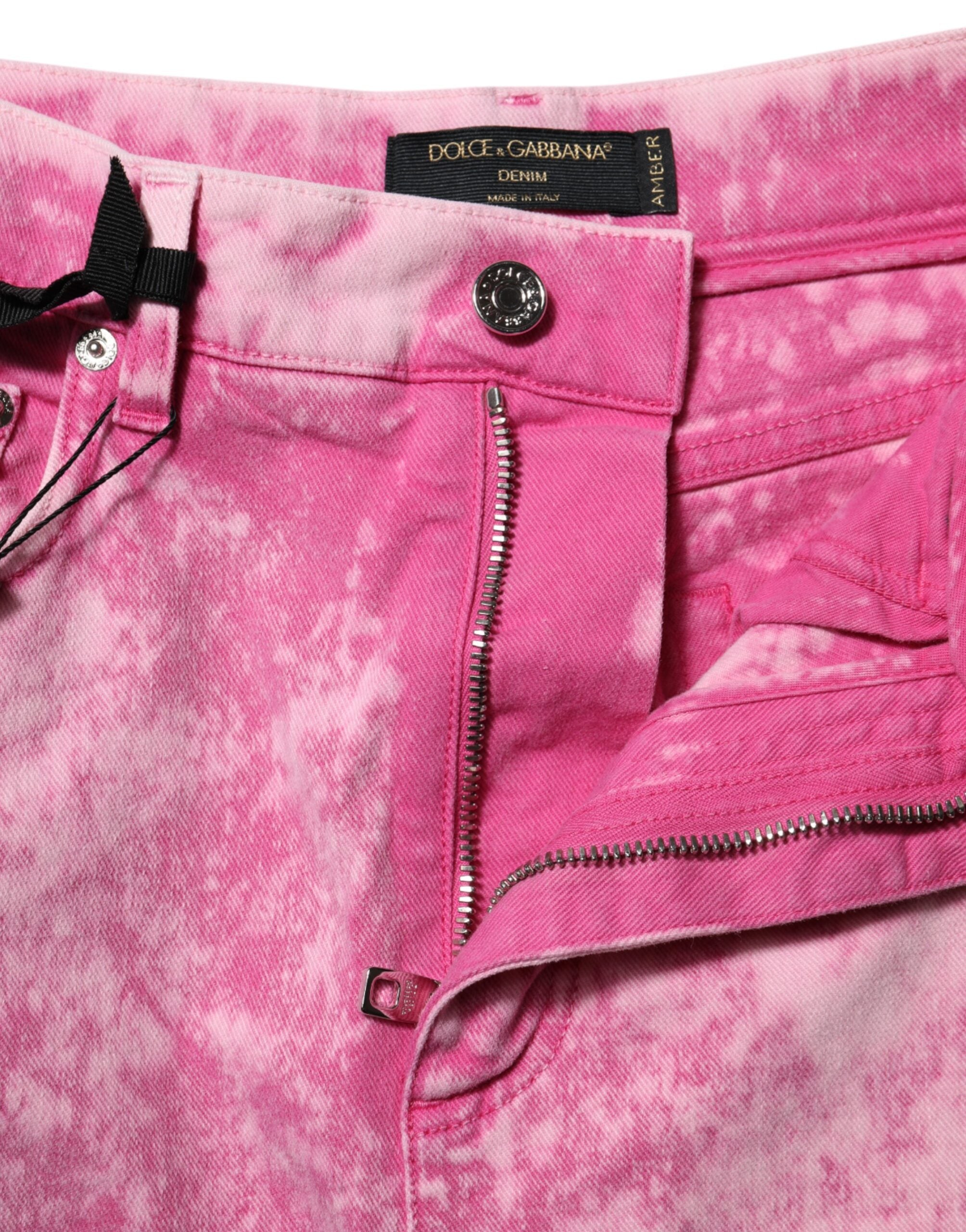 Indulge in the exquisite Dolce & Gabbana Pink Tie Dye High Waist Tapered Denim Jeans, where luxurious craftsmanship meets vibrant elegance for the modern connoisseur.