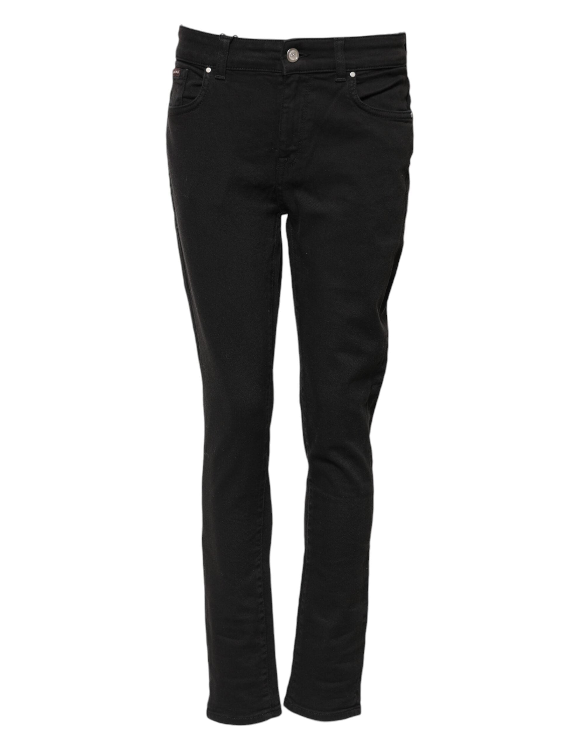 Indulge in the exquisite luxury of Dolce & Gabbana's Black Cotton Skinny Mid Waist Denim Jeans, where Italian craftsmanship meets timeless elegance for the discerning individual.