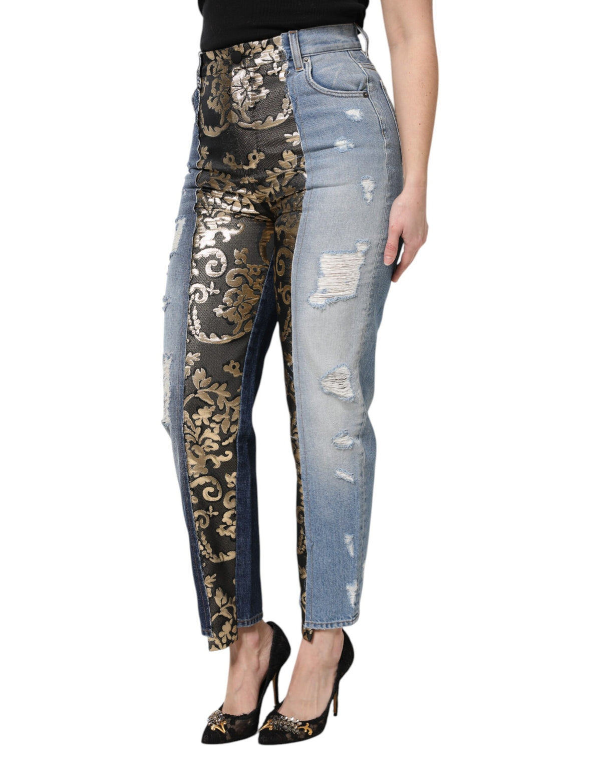Discover the exquisite Dolce & Gabbana Multicolor Patchwork Tapered Denim Jeans, a luxurious blend of artistry and sophistication, perfect for the discerning individual.