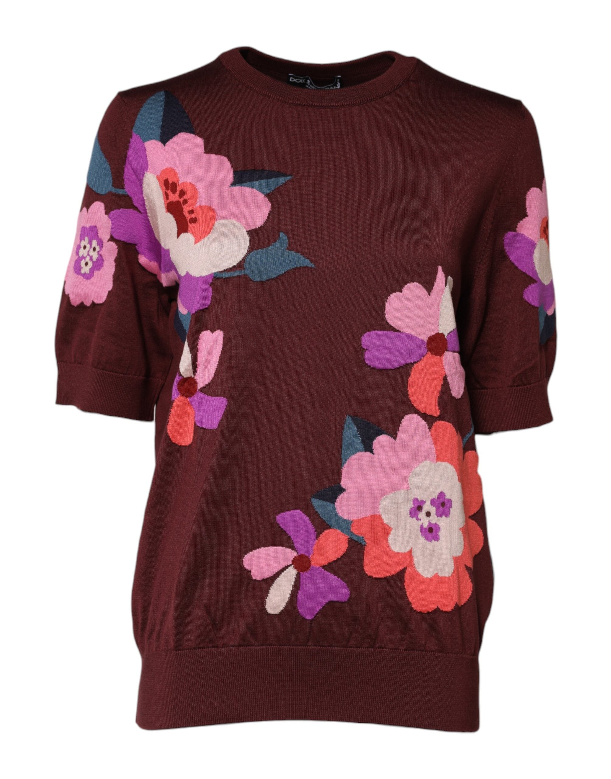 Indulge in the allure of the Dolce & Gabbana Maroon Floral Silk Crew Neck Blouse, where exquisite Italian craftsmanship meets timeless elegance, perfect for elevating any occasion.