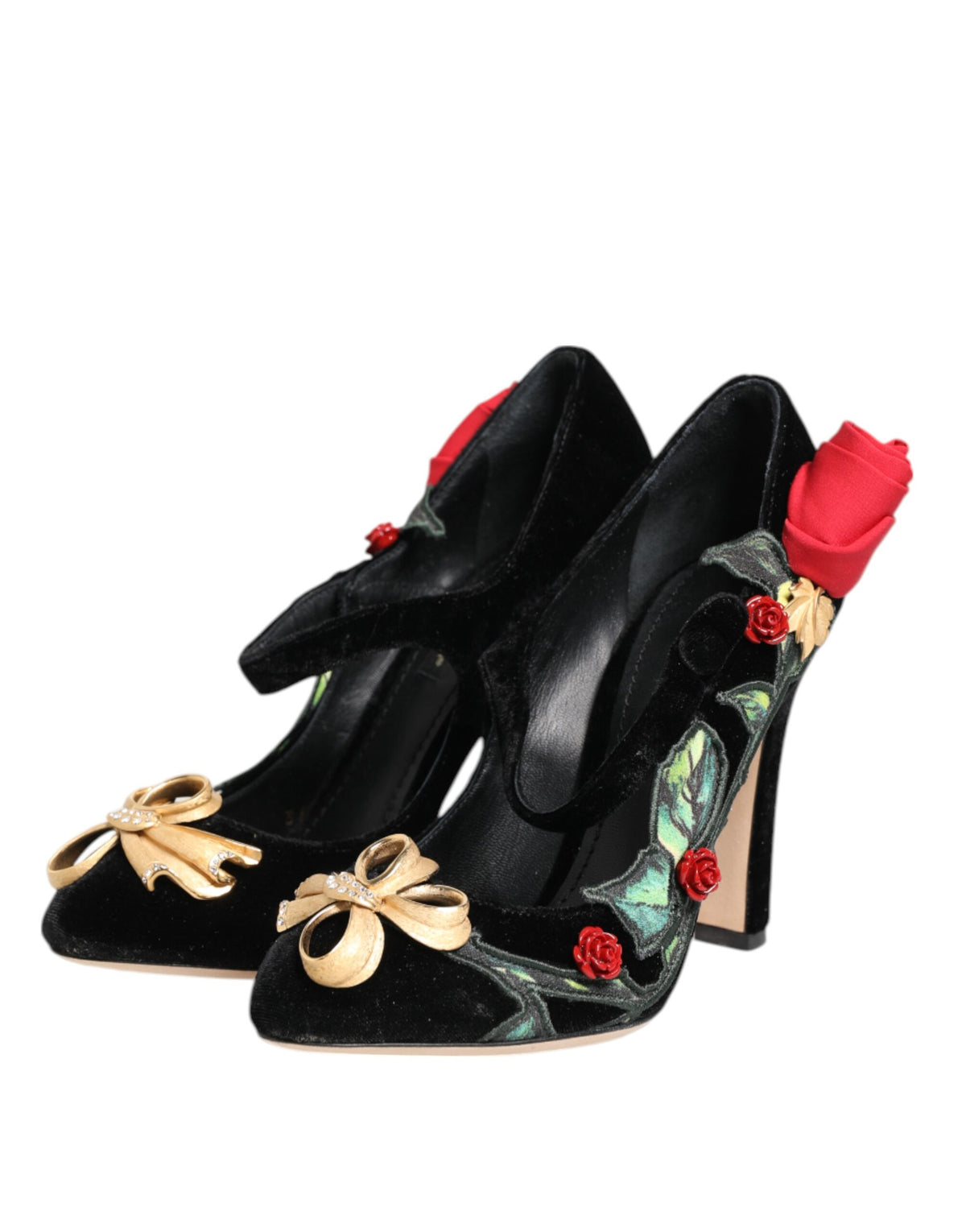 Indulge in the exquisite allure of Dolce & Gabbana's Black Roses Crystal Brooch Mary Jane Shoes, crafted from luxurious rayon and silk, embodying timeless elegance and artistry.