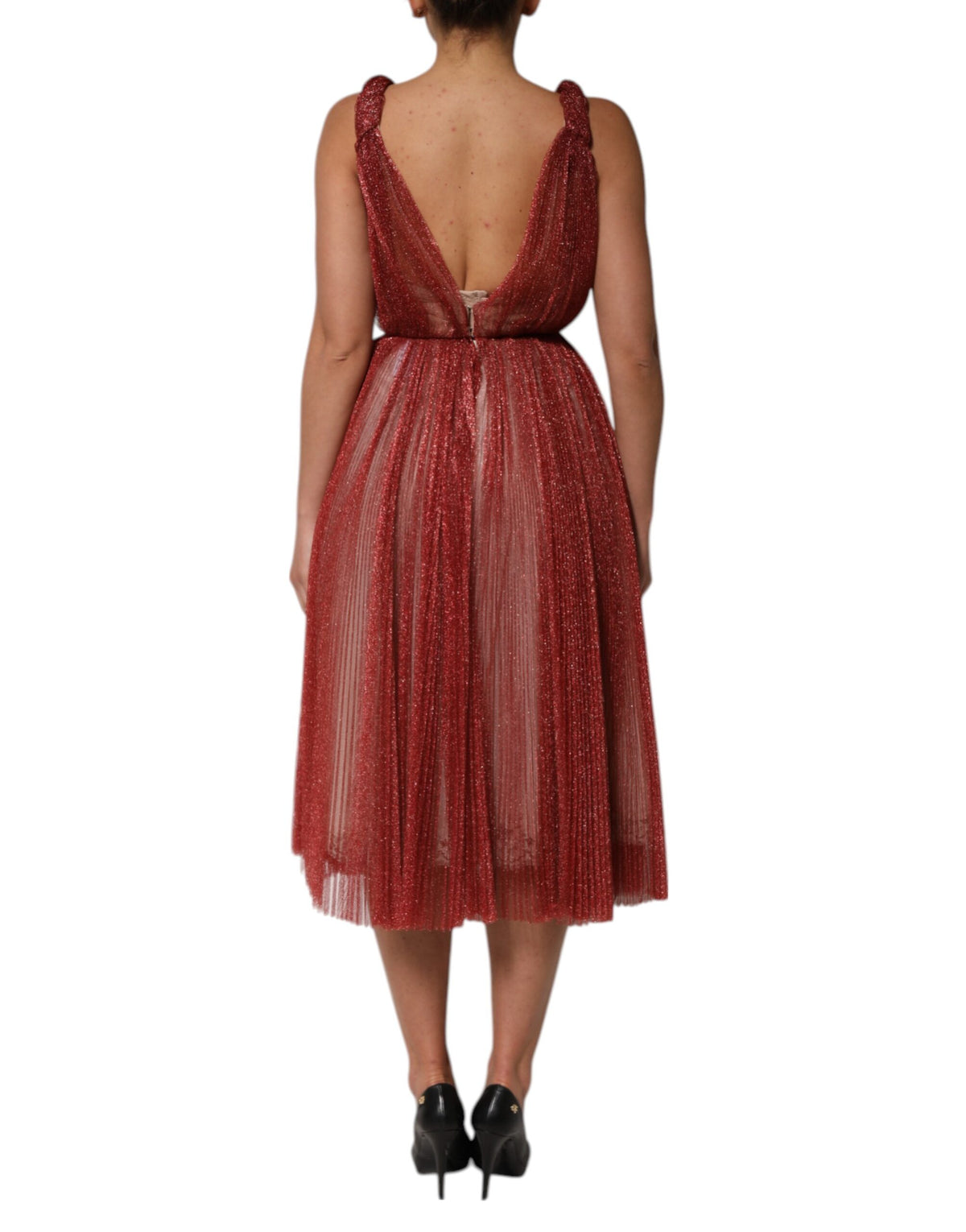 Indulge in the exquisite allure of the Dolce & Gabbana Burgundy Mesh Sleeveless Midi A-line Dress, where luxurious craftsmanship meets timeless elegance for the discerning connoisseur.