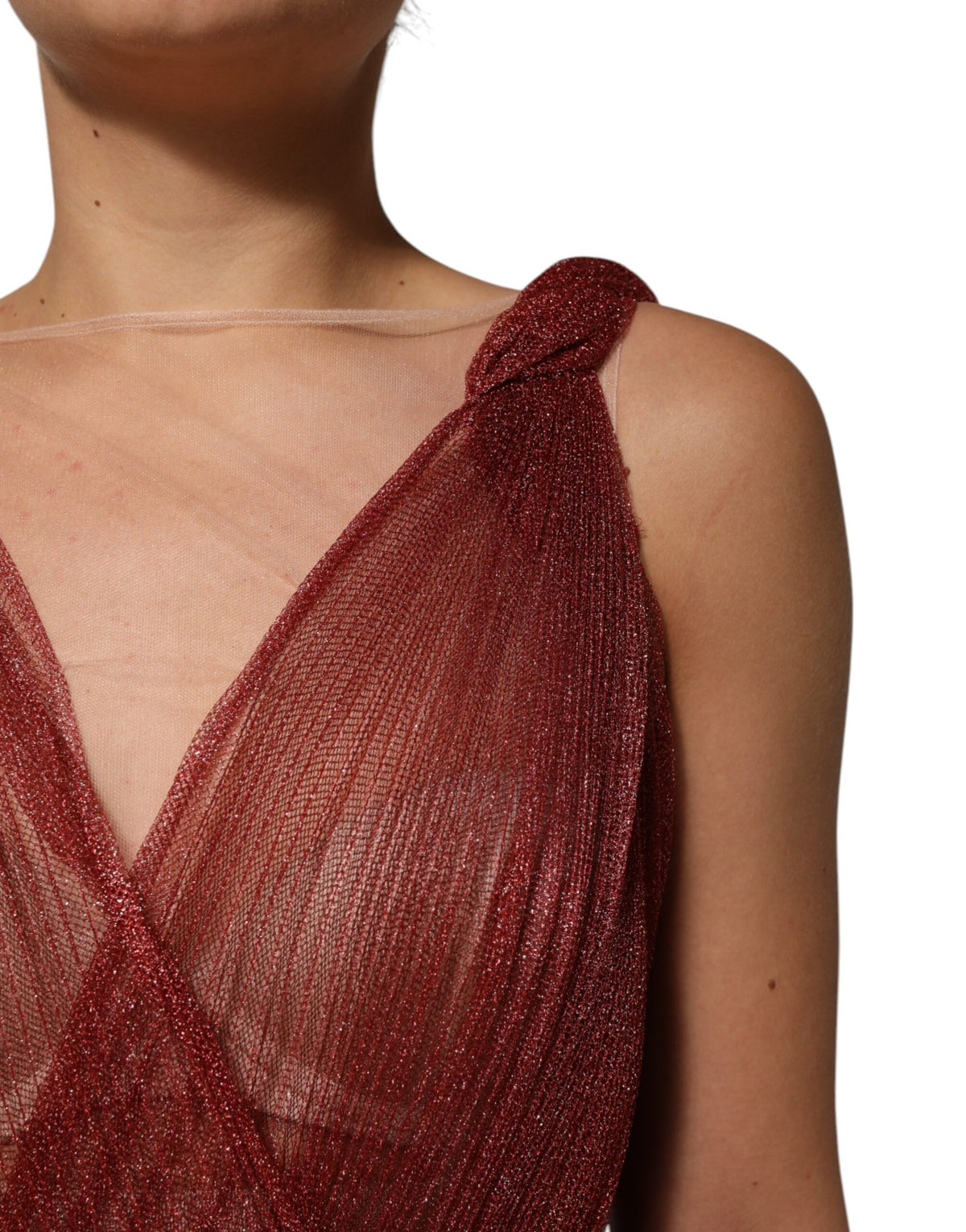 Indulge in the exquisite allure of the Dolce & Gabbana Burgundy Mesh Sleeveless Midi A-line Dress, a testament to Italian craftsmanship and timeless elegance.