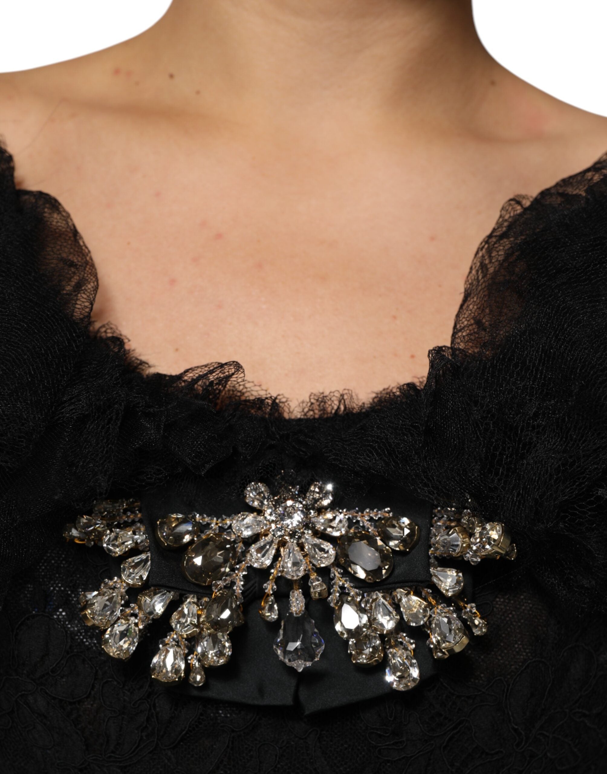 Dolce & Gabbana Black Crystal Embellished Midi A-line Dress