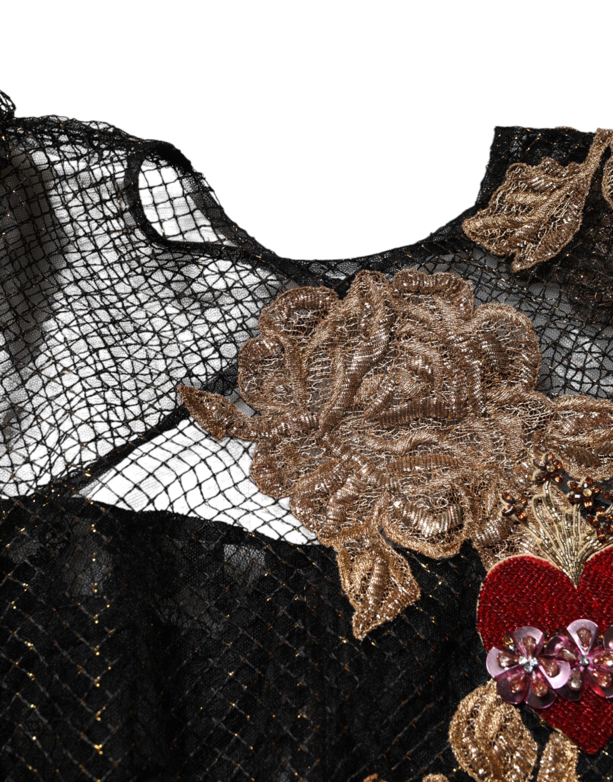 Indulge in the Dolce & Gabbana Black Crystal Heart Embellished A-line Dress, a masterpiece of Italian craftsmanship that radiates luxury and timeless elegance.