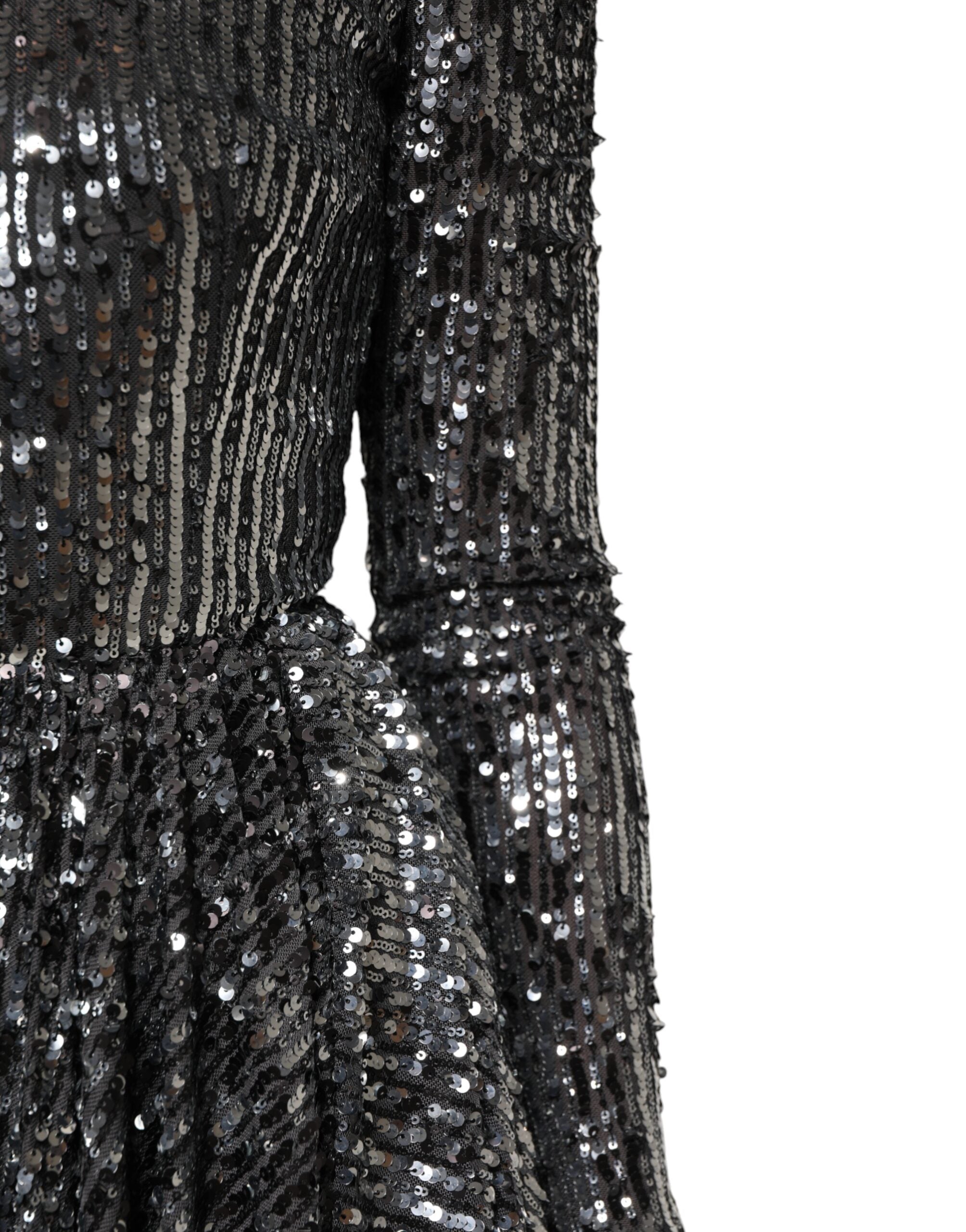 Dolce & Gabbana Black Sequined Long Sleeves Midi A-line Dress