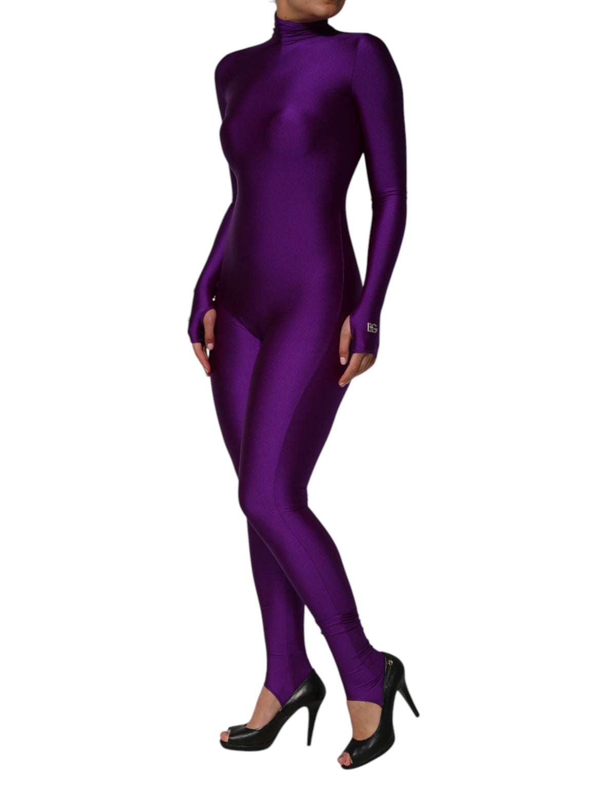 Indulge in the exquisite Dolce & Gabbana Purple Nylon Turtleneck Bodycon Jumpsuit Dress, where luxurious craftsmanship meets timeless elegance, perfect for the discerning individual.