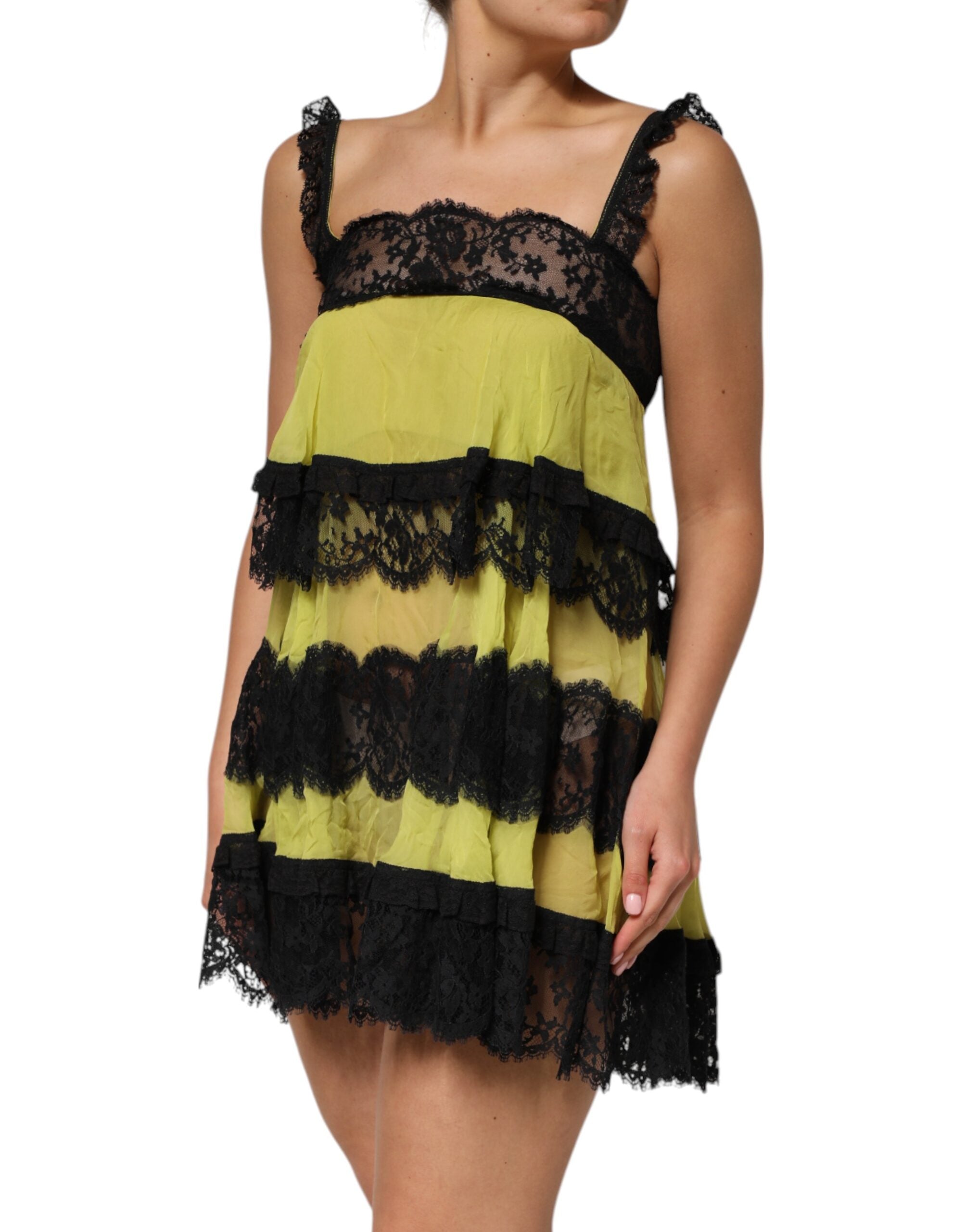 Indulge in the Dolce & Gabbana Yellow Black Babydoll Chemise, where exquisite silk and lace craftsmanship meet timeless elegance, perfect for the discerning connoisseur.