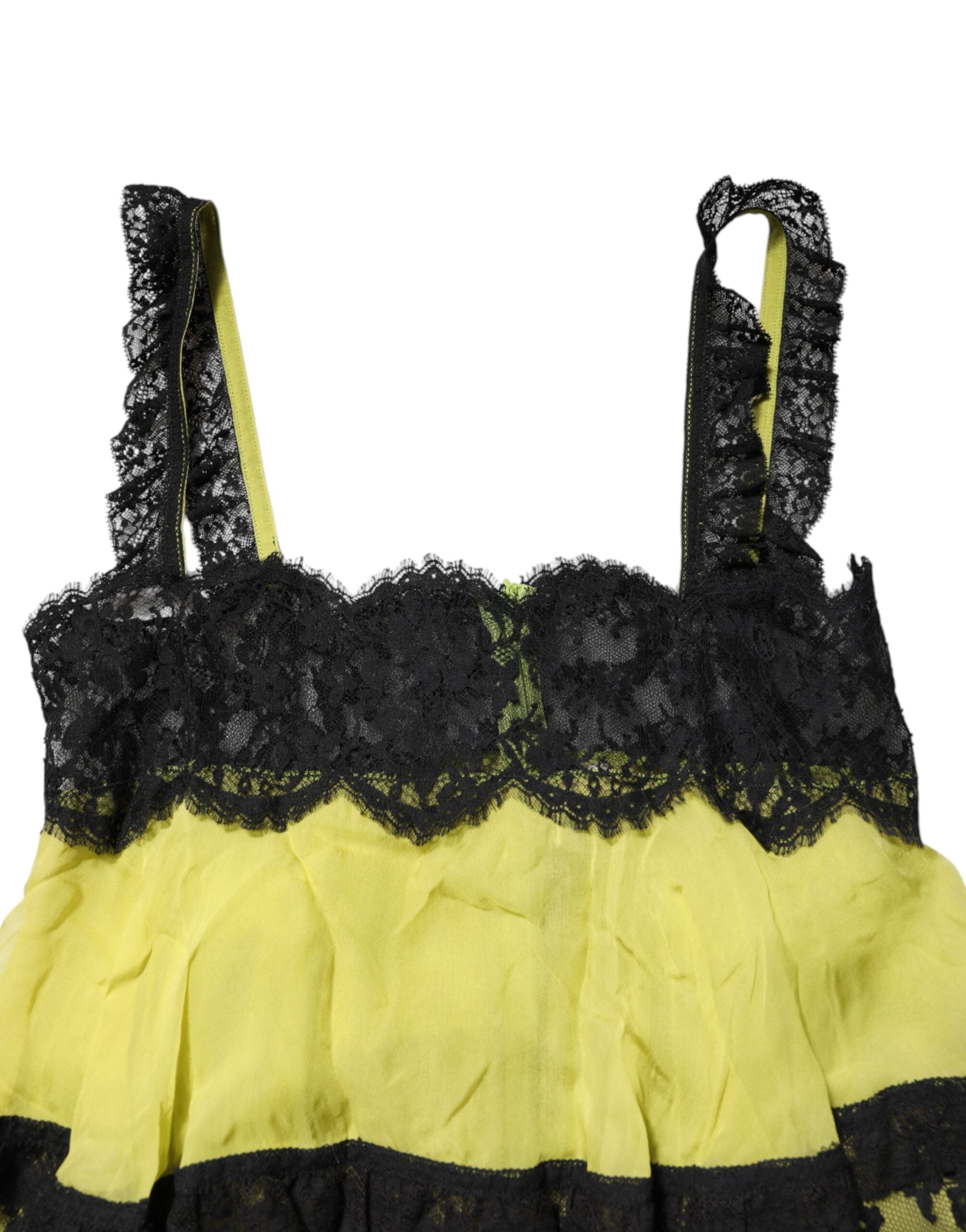 Indulge in the exquisite Dolce & Gabbana Yellow Black Babydoll Chemise, a masterpiece of silk and lace that embodies timeless elegance and sensual allure.