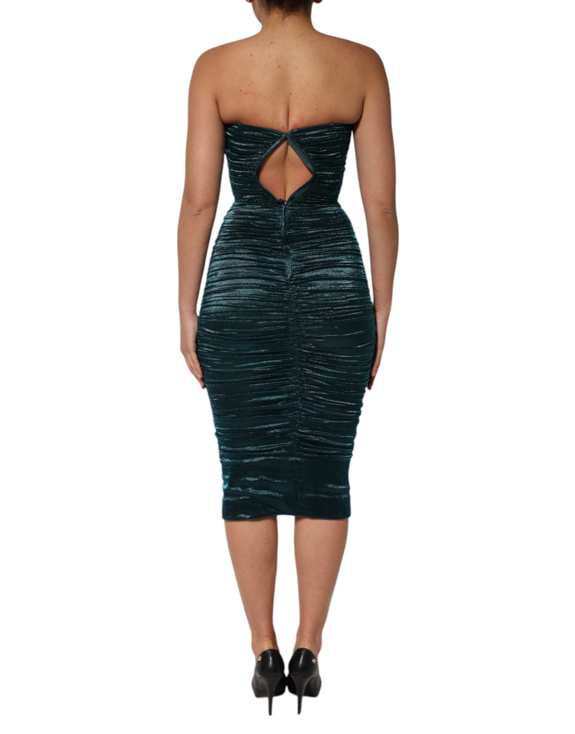 Elevate your elegance with the Dolce & Gabbana Green Silk Satin Fitted Strapless Dress, a masterpiece of luxurious craftsmanship, perfect for sophisticated soirées.