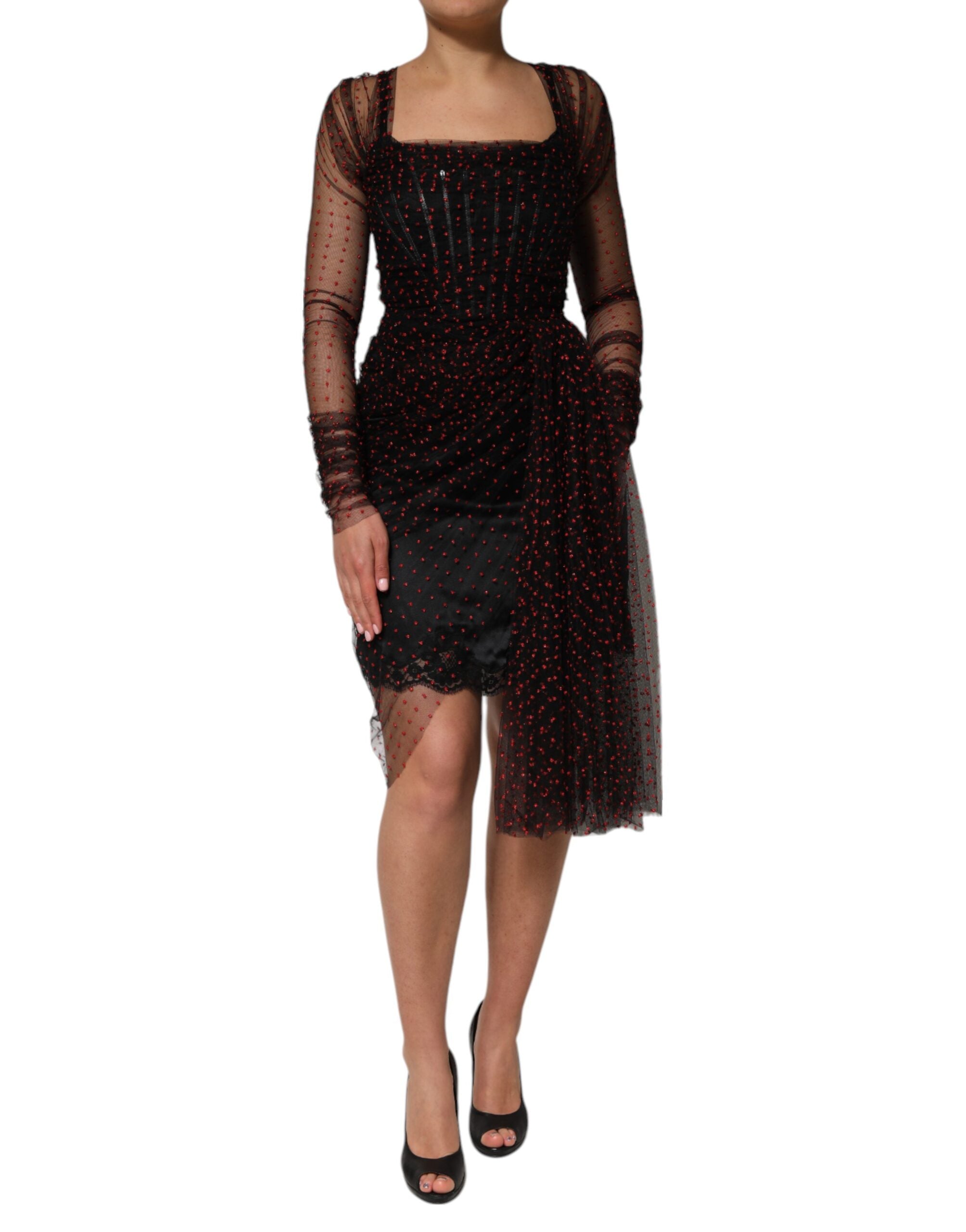 Discover the Dolce & Gabbana Black Lace Trim Long Sleeve Sheath Mini Dress, a luxurious blend of silk and chiffon, embodying timeless elegance and exquisite craftsmanship for the discerning individual.
