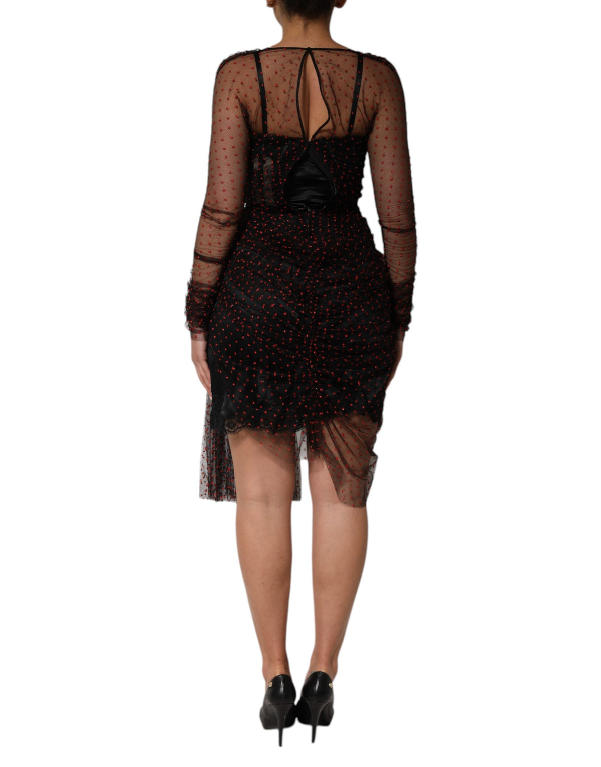 Discover the exquisite Dolce & Gabbana Black Lace Trim Long Sleeve Sheath Mini Dress, a luxurious blend of silk and chiffon, epitomizing timeless elegance and sophisticated allure.