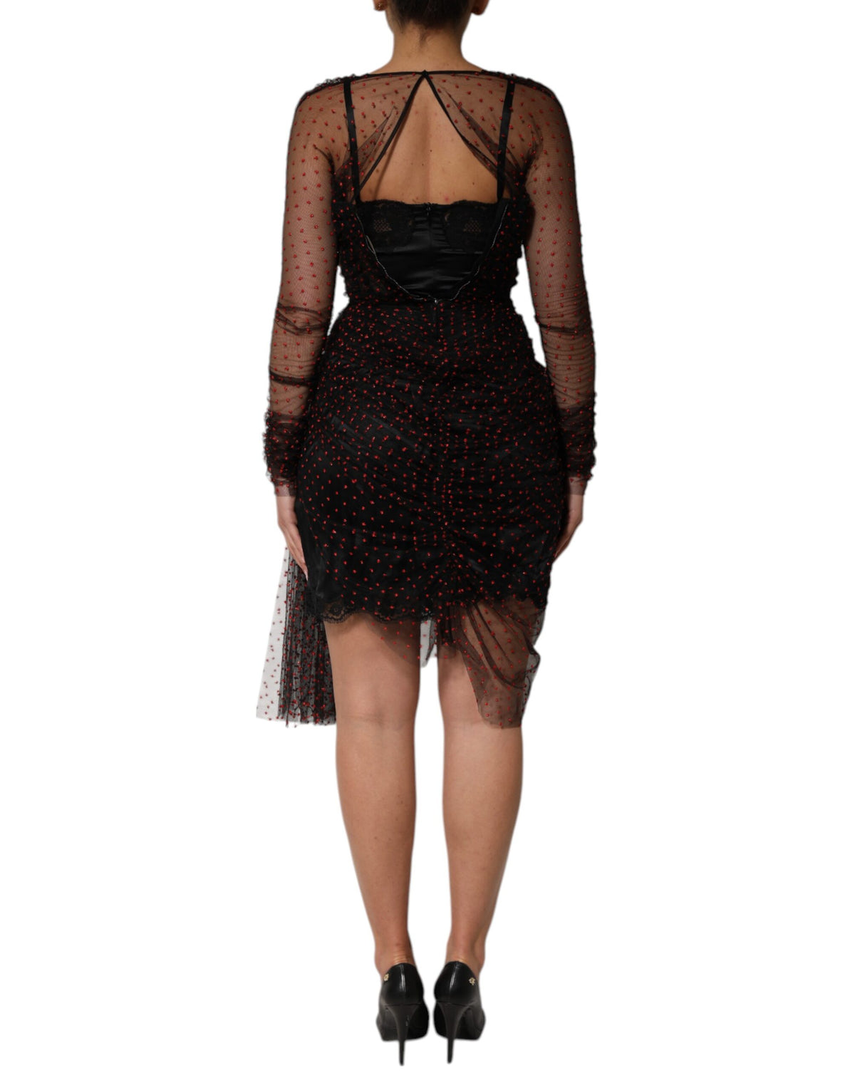 Indulge in the exquisite Dolce & Gabbana Black Lace Trim Long Sleeve Sheath Mini Dress, a luxurious blend of silk and chiffon that embodies timeless elegance and sophisticated allure.