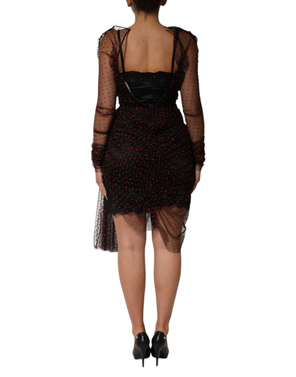 Indulge in the exquisite Dolce & Gabbana Black Lace Trim Long Sleeve Sheath Mini Dress, a masterpiece of silk and chiffon that redefines elegance for the discerning individual.