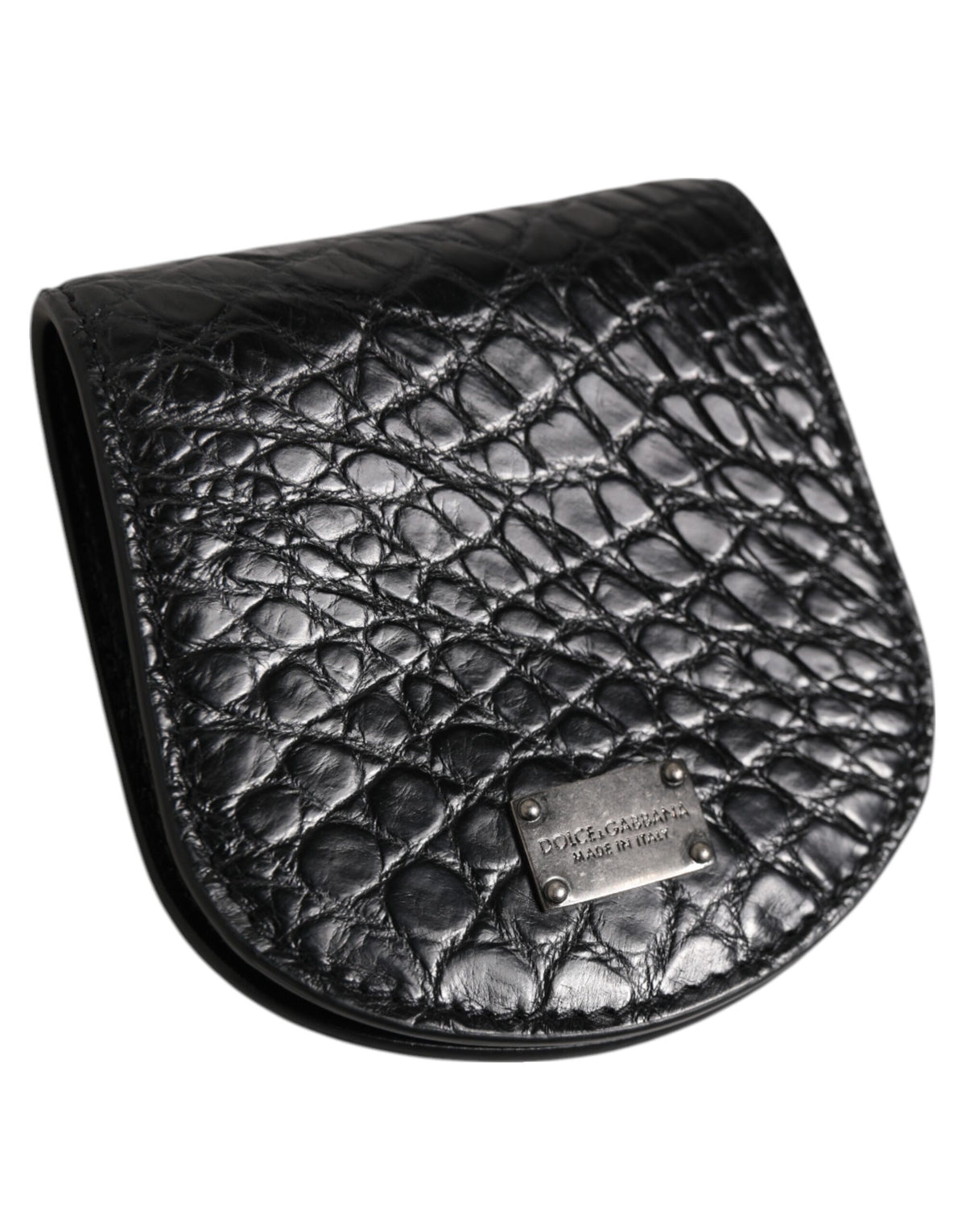 Indulge in the exquisite Dolce & Gabbana Black Exotic Skin Coin Condom Case Holder, crafted from luxurious caiman leather, embodying sophistication and timeless elegance.