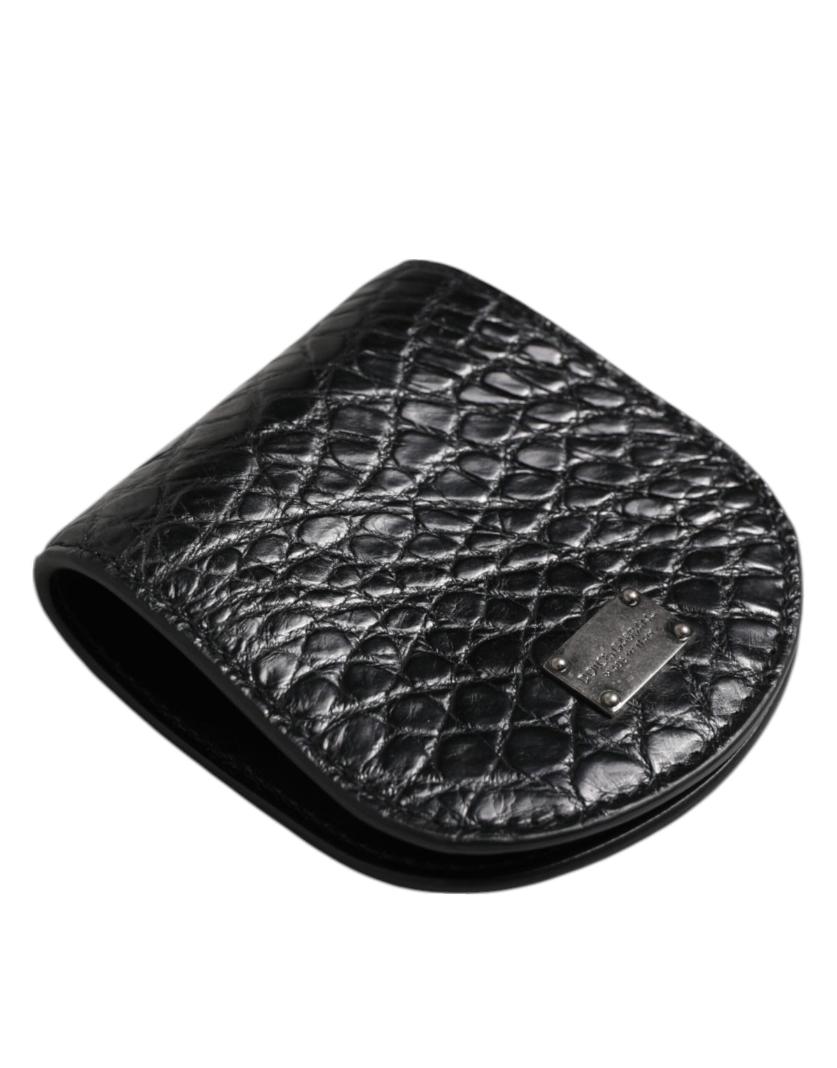Indulge in the exquisite Dolce & Gabbana Black Exotic Skin Coin Condom Case Holder, a luxurious caiman leather accessory that embodies sophistication and timeless elegance.
