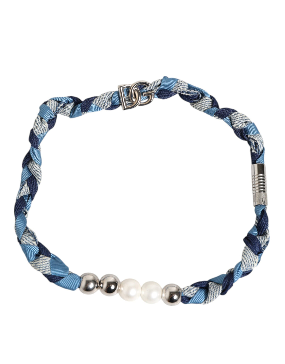 Discover the Dolce & Gabbana Blue White Braided Silver Metal Logo Beaded Men Bracelet, a timeless fusion of exquisite craftsmanship and contemporary luxury, perfect for discerning tastes.