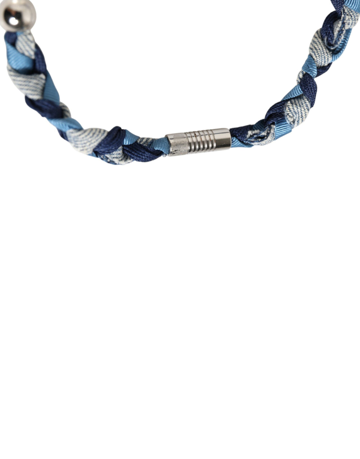 Indulge in the exquisite Dolce & Gabbana Blue White Braided Silver Metal Logo Beaded Men Bracelet, a timeless accessory that embodies luxury and sophisticated craftsmanship.