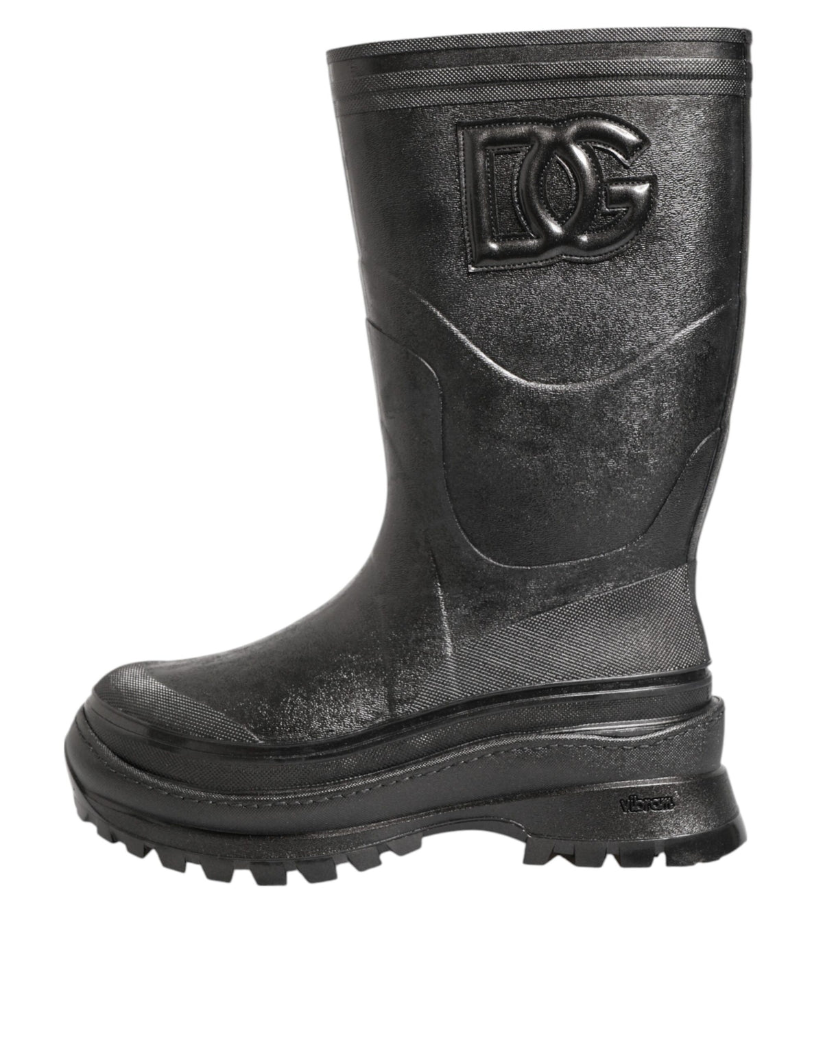 Indulge in the exquisite artistry of Dolce & Gabbana's Metallic Black Pull On Rain Boots, where luxurious PVC and leather blend seamlessly for unparalleled elegance.