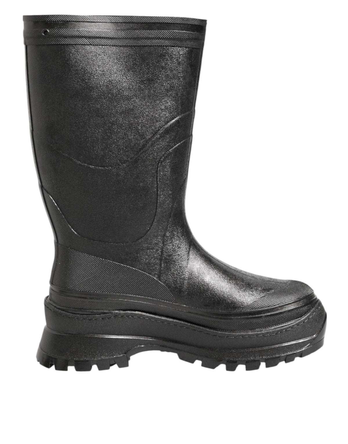 Indulge in the exquisite allure of Dolce & Gabbana's Metallic Black Pull On Rain Boots, where luxury craftsmanship meets timeless elegance for the discerning connoisseur.