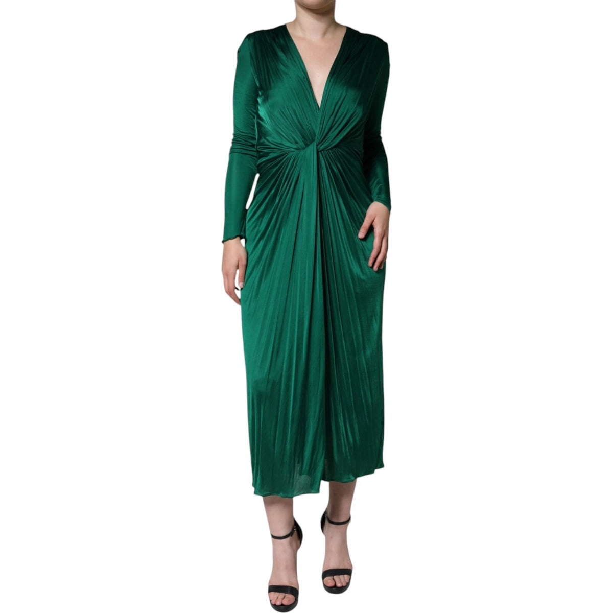 Elevate your elegance with the Dolce & Gabbana Dark Green Viscose Long Sleeve Midi Dress, a masterpiece of Italian craftsmanship that embodies luxurious allure and timeless sophistication.