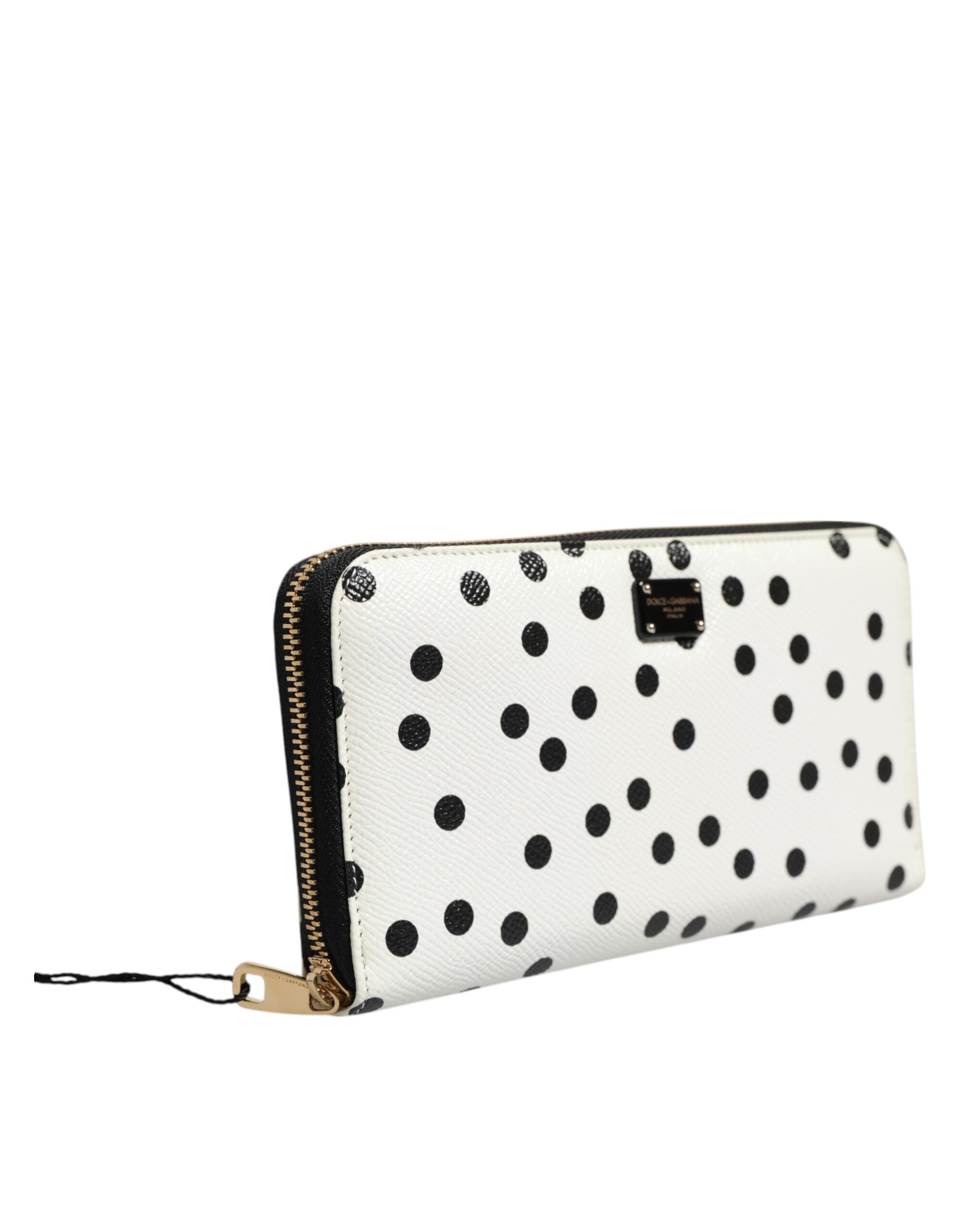 Dolce & Gabbana White Black Dotted Leather Zip Around Continental Wallet