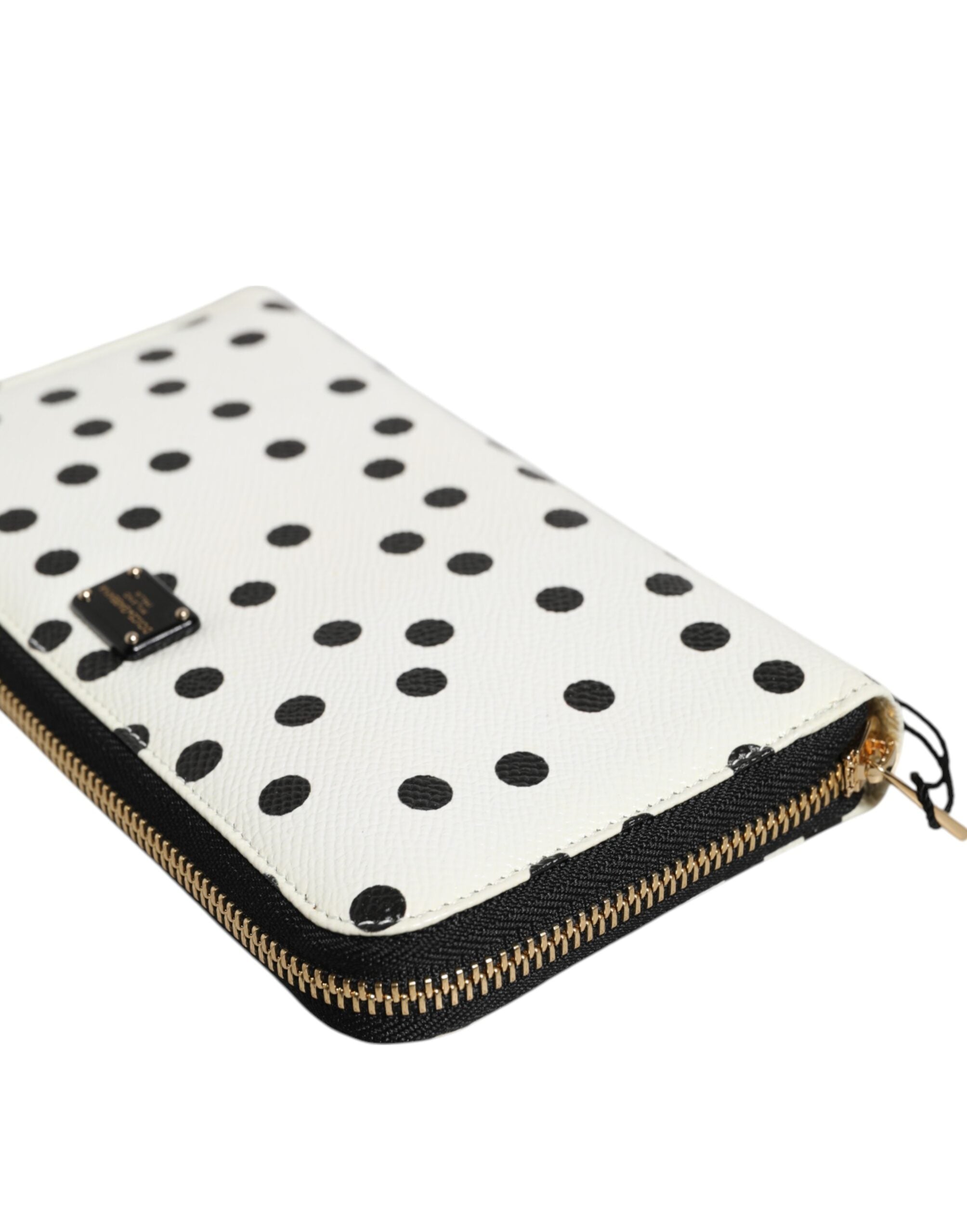 Dolce & Gabbana White Black Dotted Leather Zip Around Continental Wallet