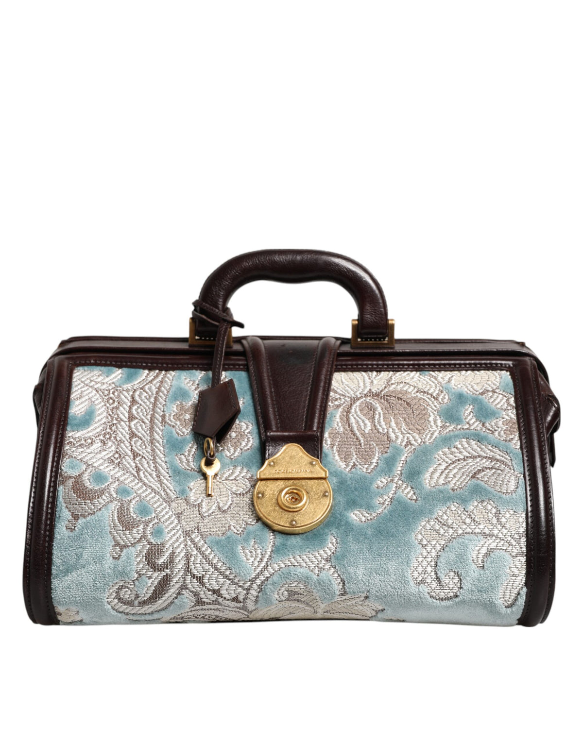 Elevate your travel experience with the Dolce & Gabbana Blue Brown Leather Floral Jacquard Travel Handbag, a masterpiece of premium leather and velvet, impeccably crafted in Italy.