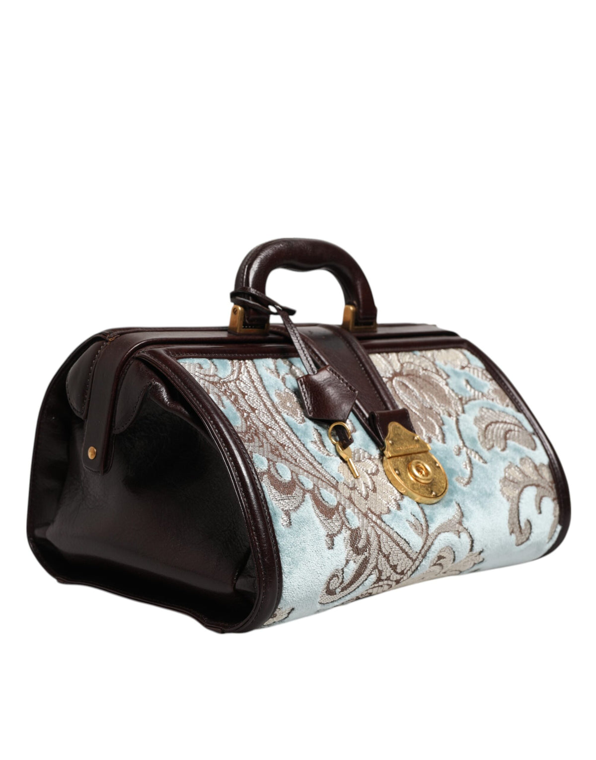 Discover the Dolce & Gabbana Blue Brown Leather Floral Jacquard Travel Handbag, where exquisite craftsmanship meets timeless elegance, perfect for the discerning connoisseur.
