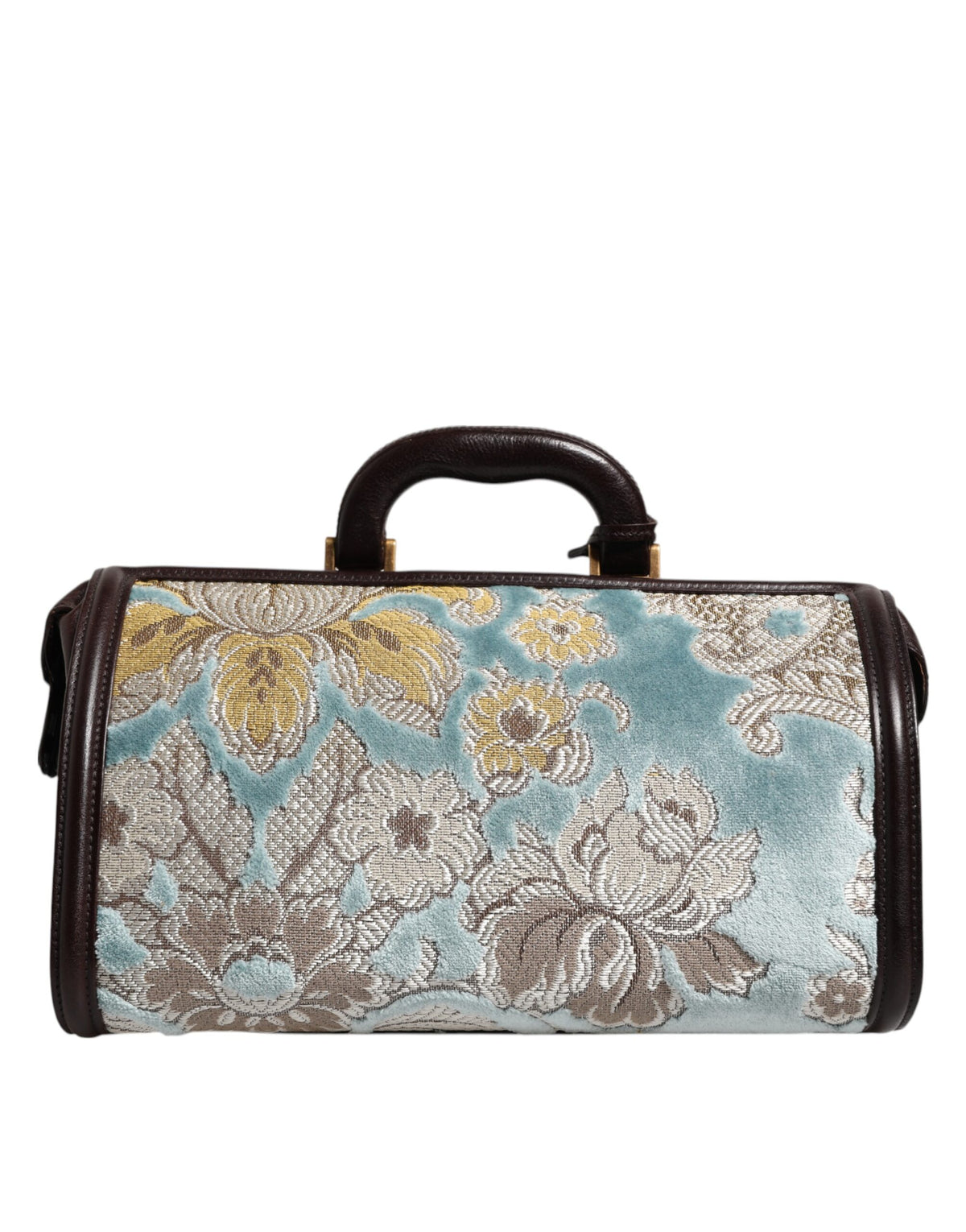 Discover the Dolce & Gabbana Blue Brown Leather Floral Jacquard Travel Handbag, a masterpiece of Italian craftsmanship blending premium leather and velvet for unparalleled elegance.