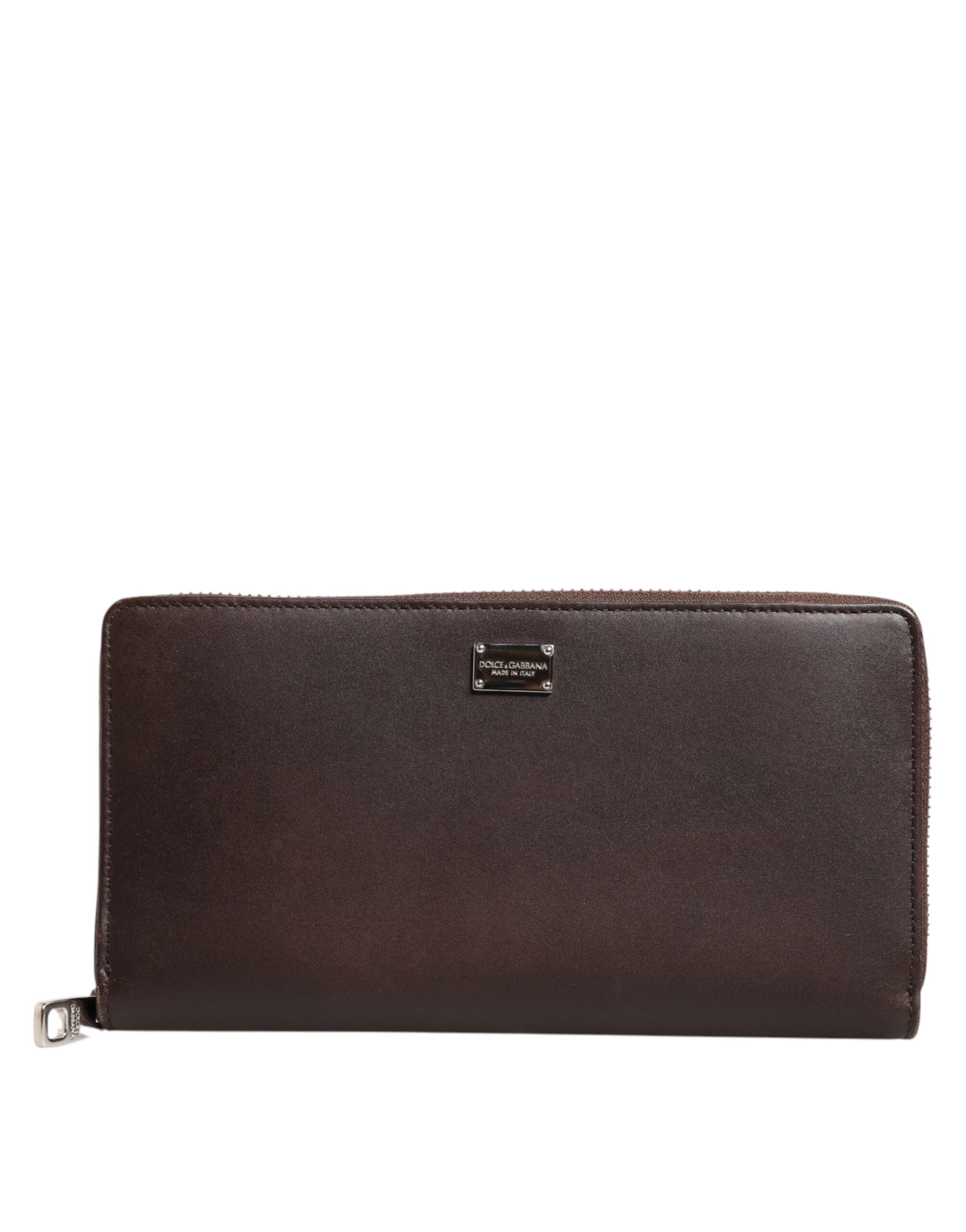 Dolce & Gabbana Brown Calfskin Leather Logo Zip Around Continental Wallet