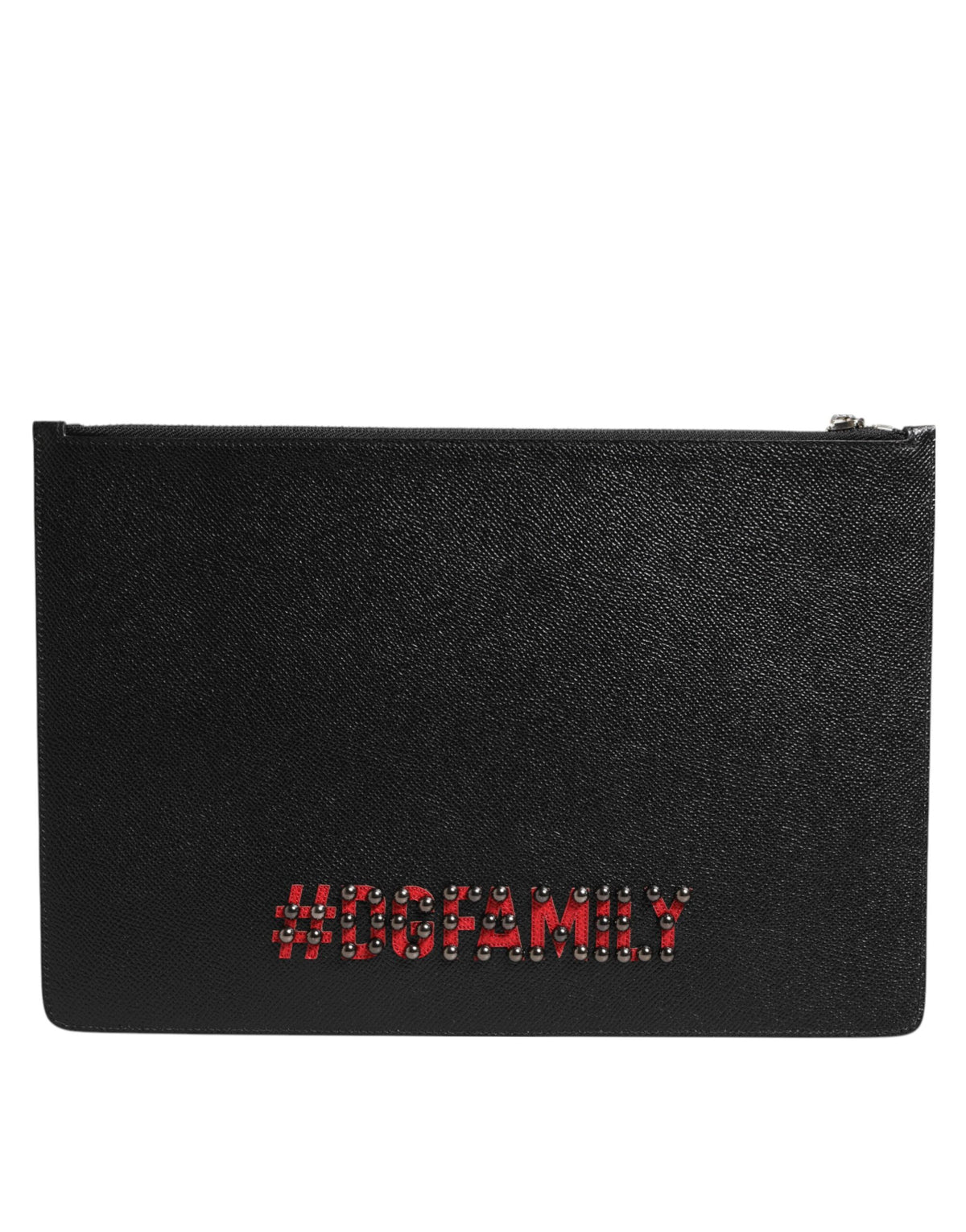 Elevate your style with the Dolce & Gabbana Black Leather #DGFAMILY Clutch Pouch Bag, a masterpiece of Italian craftsmanship that embodies luxury and sophistication.