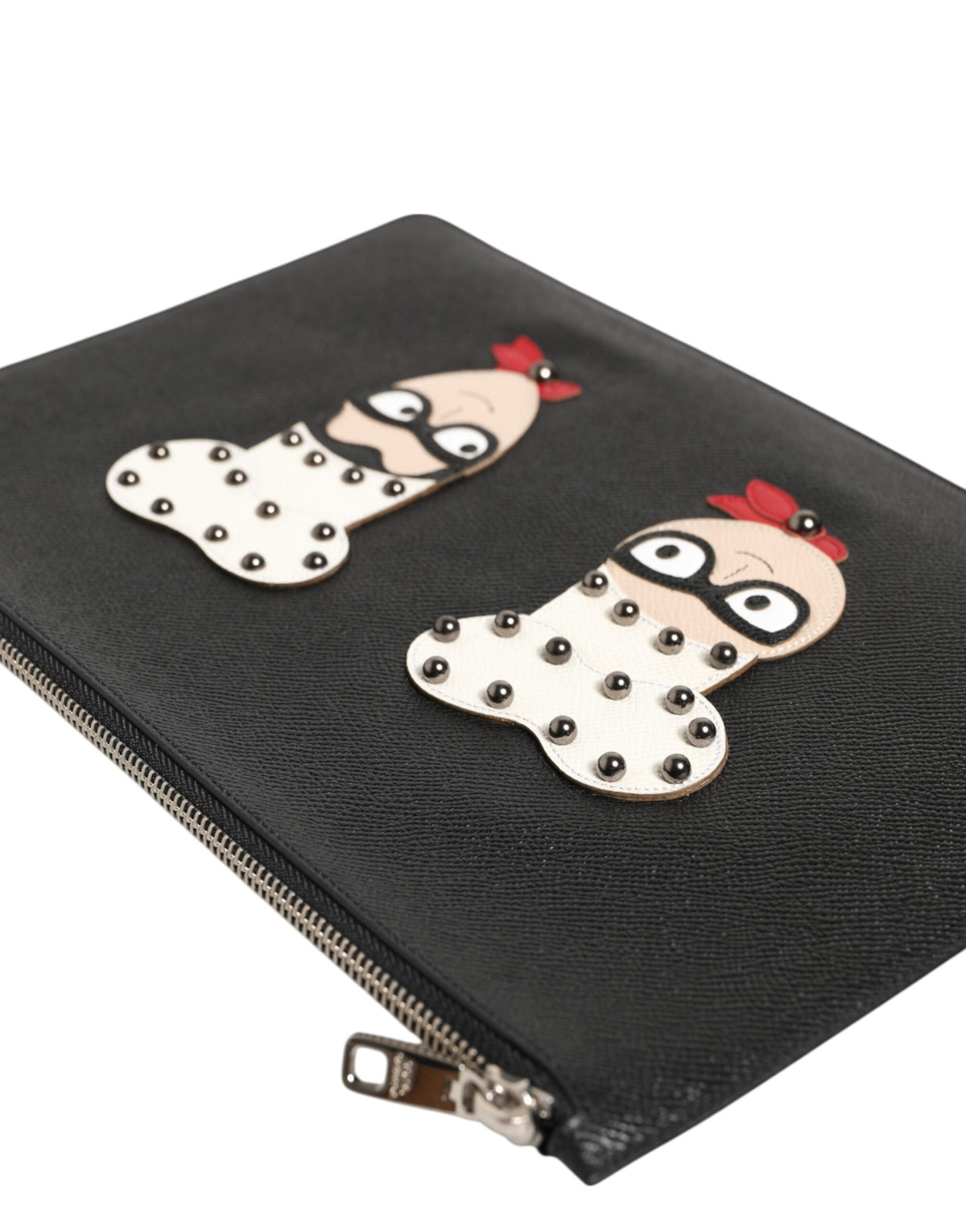 Elevate your style with the Dolce & Gabbana Black Leather #DGFAMILY Clutch Pouch Bag, a masterpiece of Italian craftsmanship adorned with vibrant graphic appliques, perfect for any occasion.