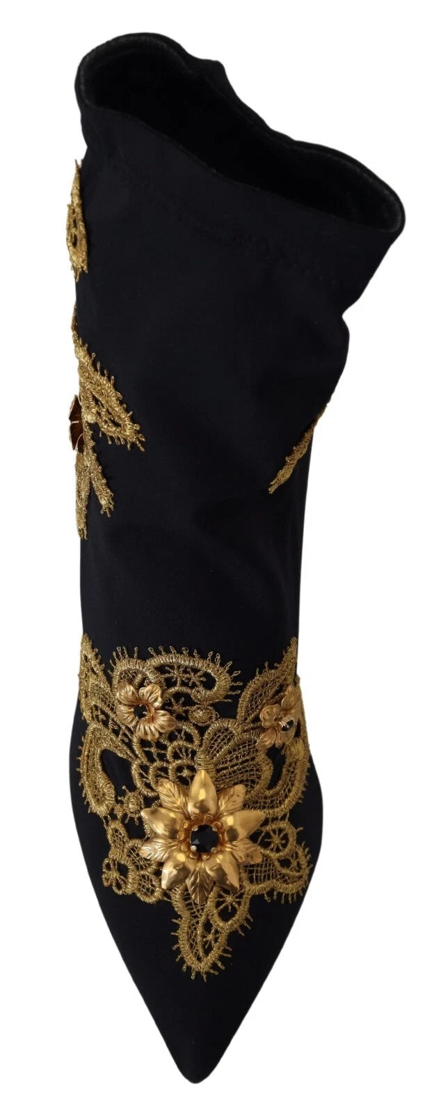 Discover the exquisite Dolce & Gabbana Black Gold Embroidery Crystal Boots, where luxurious materials and impeccable craftsmanship elevate your style to new heights.