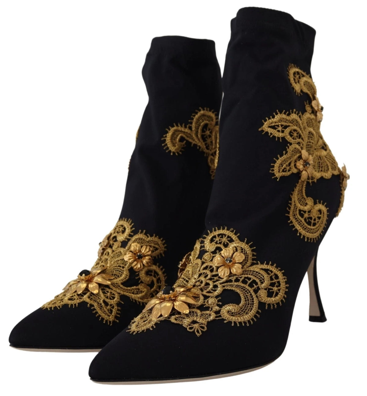 Experience the exquisite allure of Dolce & Gabbana's Black Gold Embroidery Crystal Boots, where luxurious materials and timeless elegance redefine your style narrative.