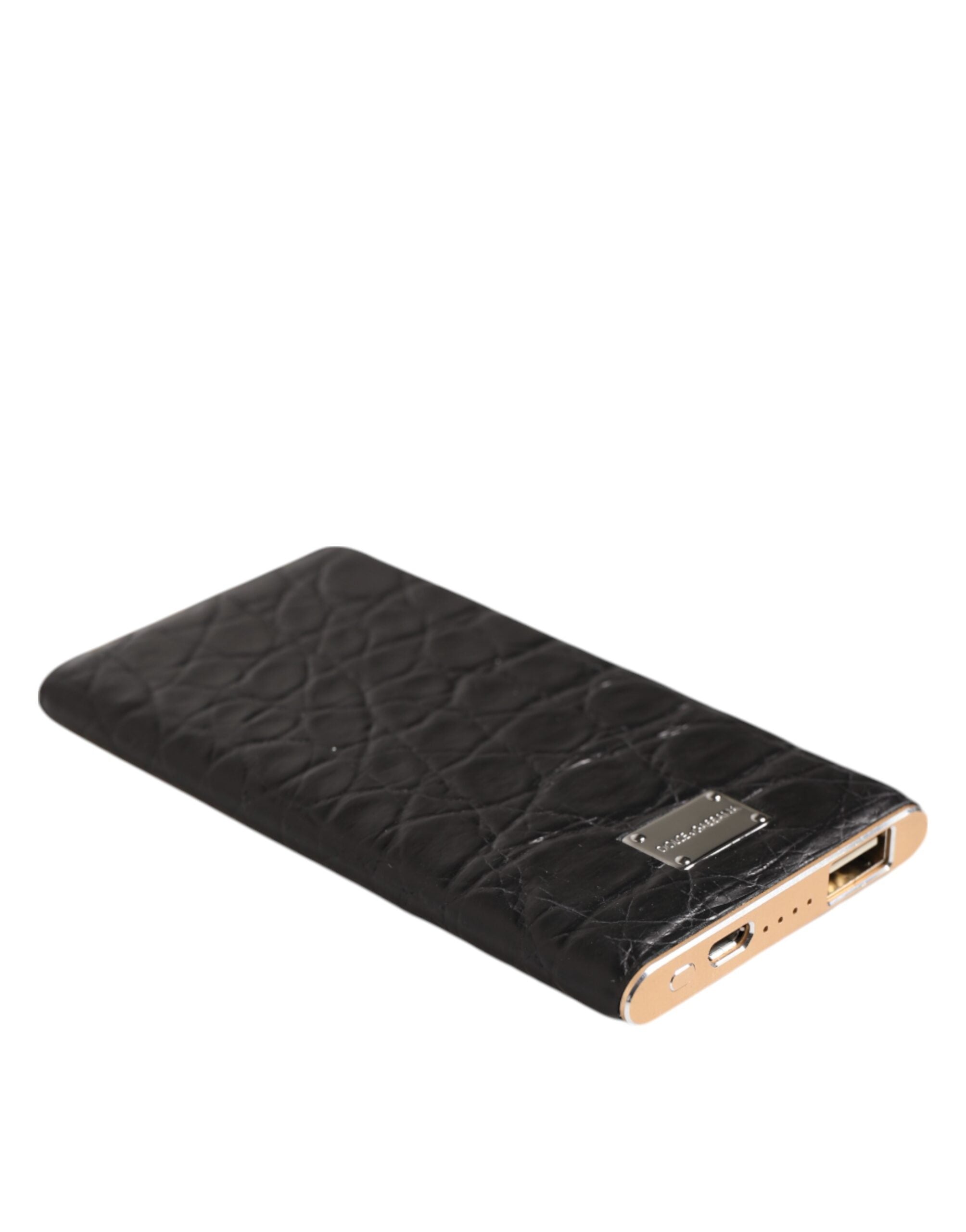 Elevate your style with the Dolce & Gabbana Black Leather Exotic Skin Power Bank, a luxurious blend of exquisite craftsmanship and high fashion, perfect for the discerning individual.