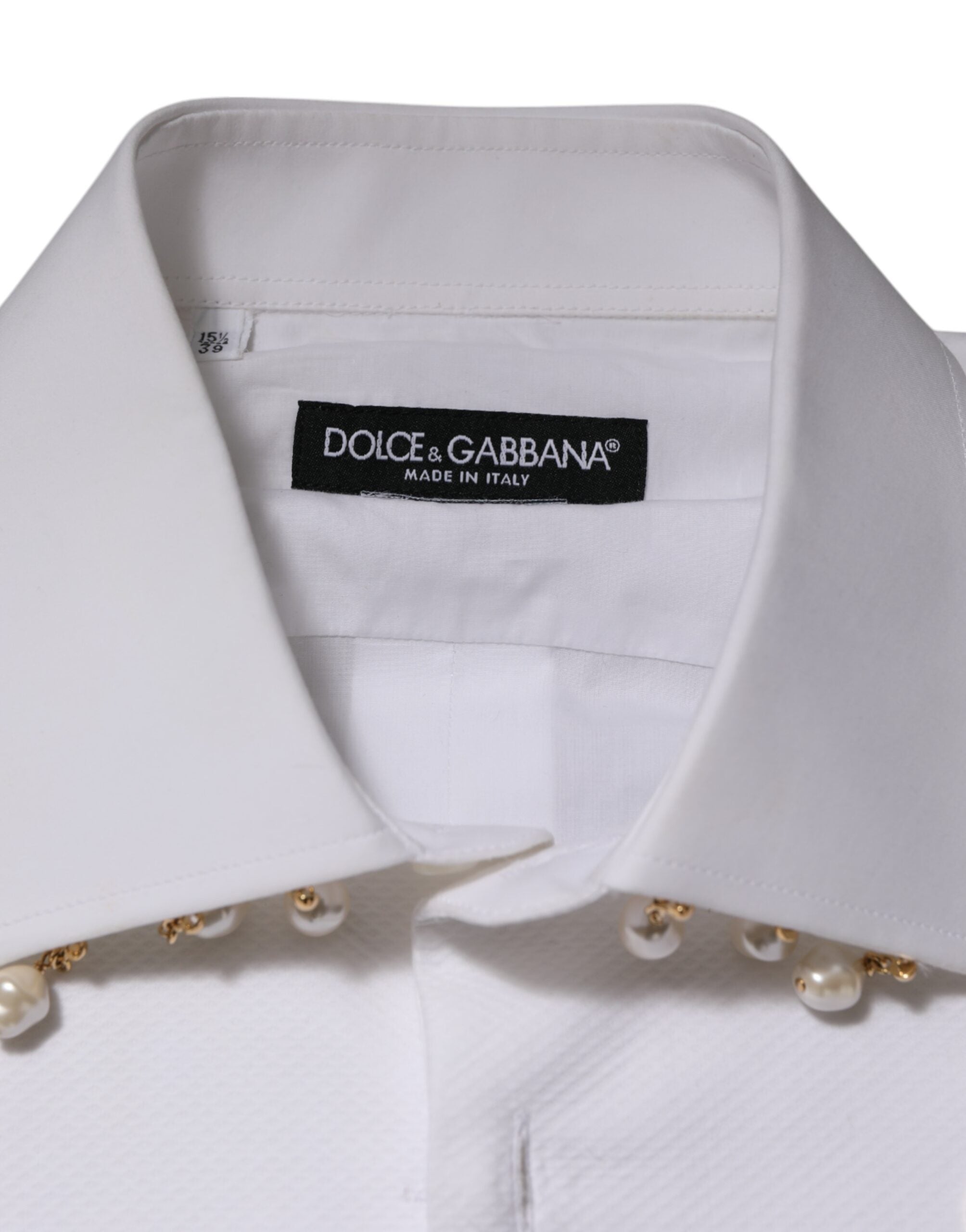 Dolce & Gabbana White Cotton DG Logo Pearl Chain Formal Shirt
