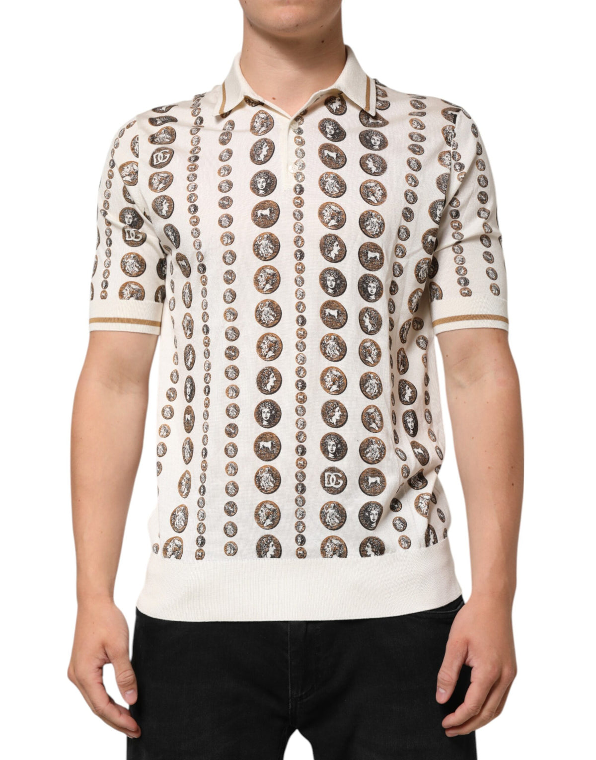 Discover the Dolce & Gabbana Silk Ivory Coin Print Polo T-shirt, a masterpiece of Italian craftsmanship in luxurious silk, perfect for those who embrace elegance and sophistication.