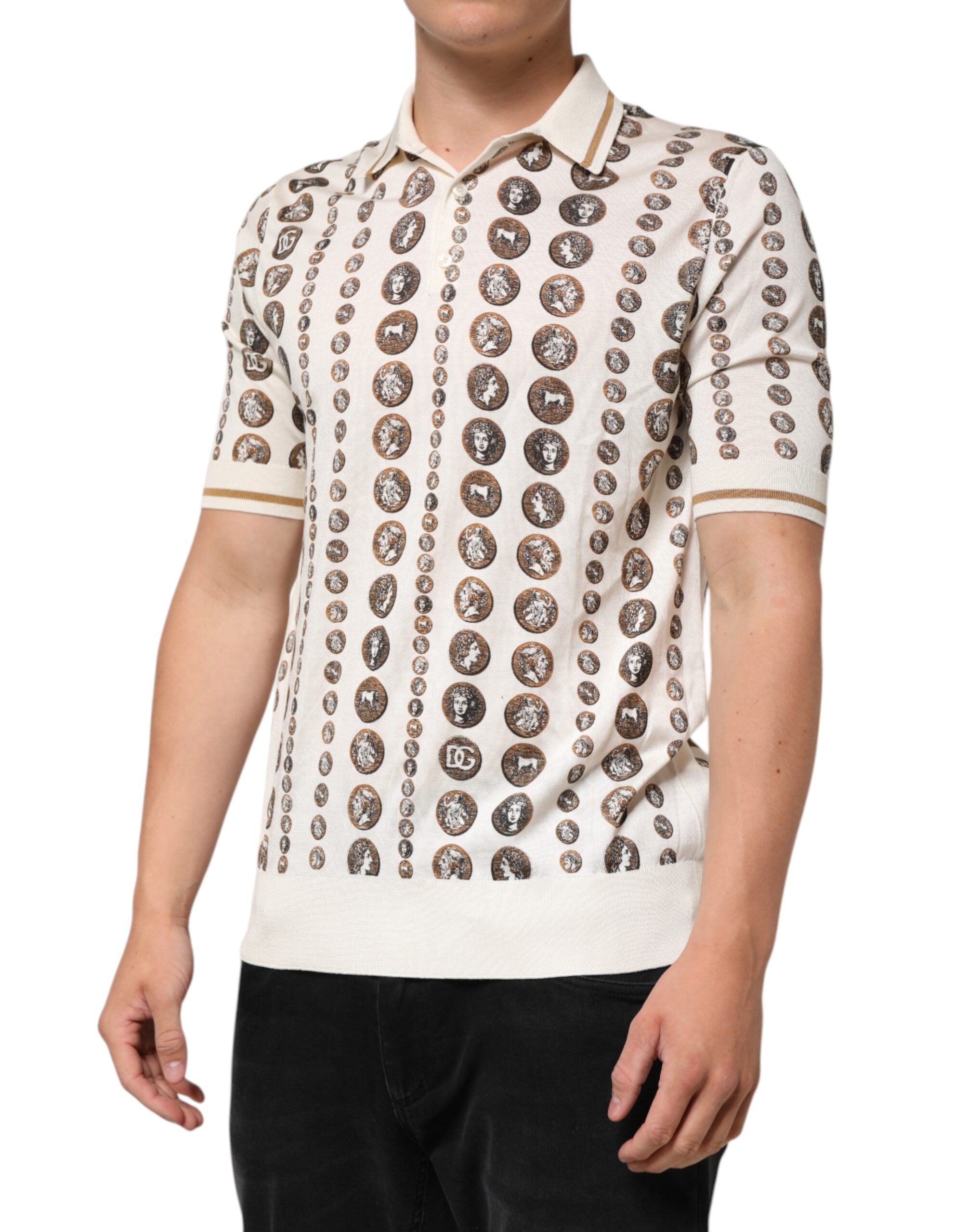 Indulge in the exquisite Dolce & Gabbana Silk Ivory Coin Print Polo T-shirt, a masterpiece of Italian craftsmanship that elevates your style with luxurious silk and timeless elegance.