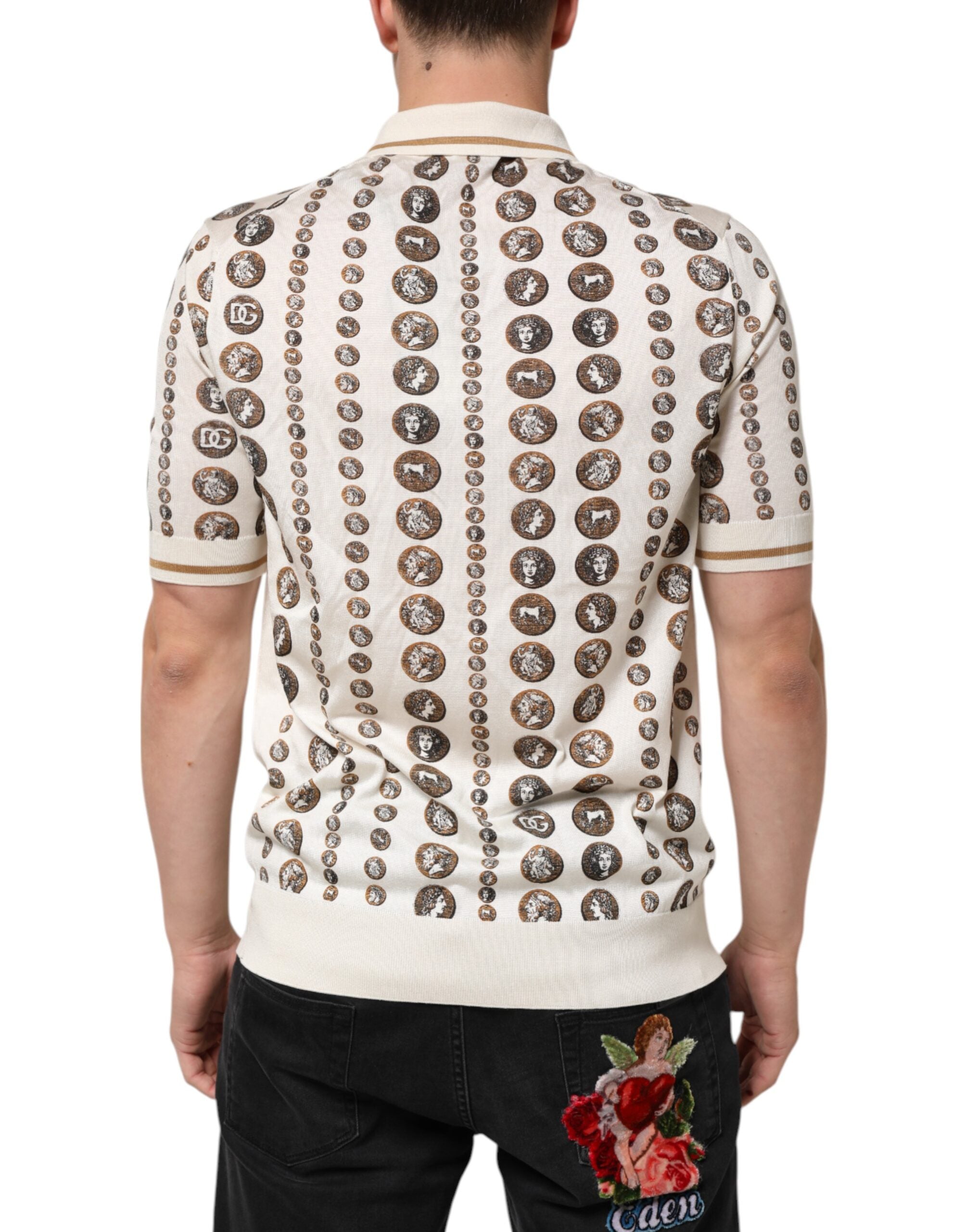 Indulge in the exquisite Dolce & Gabbana Silk Ivory Coin Print Polo T-shirt, a timeless expression of Italian luxury and artistry, perfect for the discerning connoisseur.