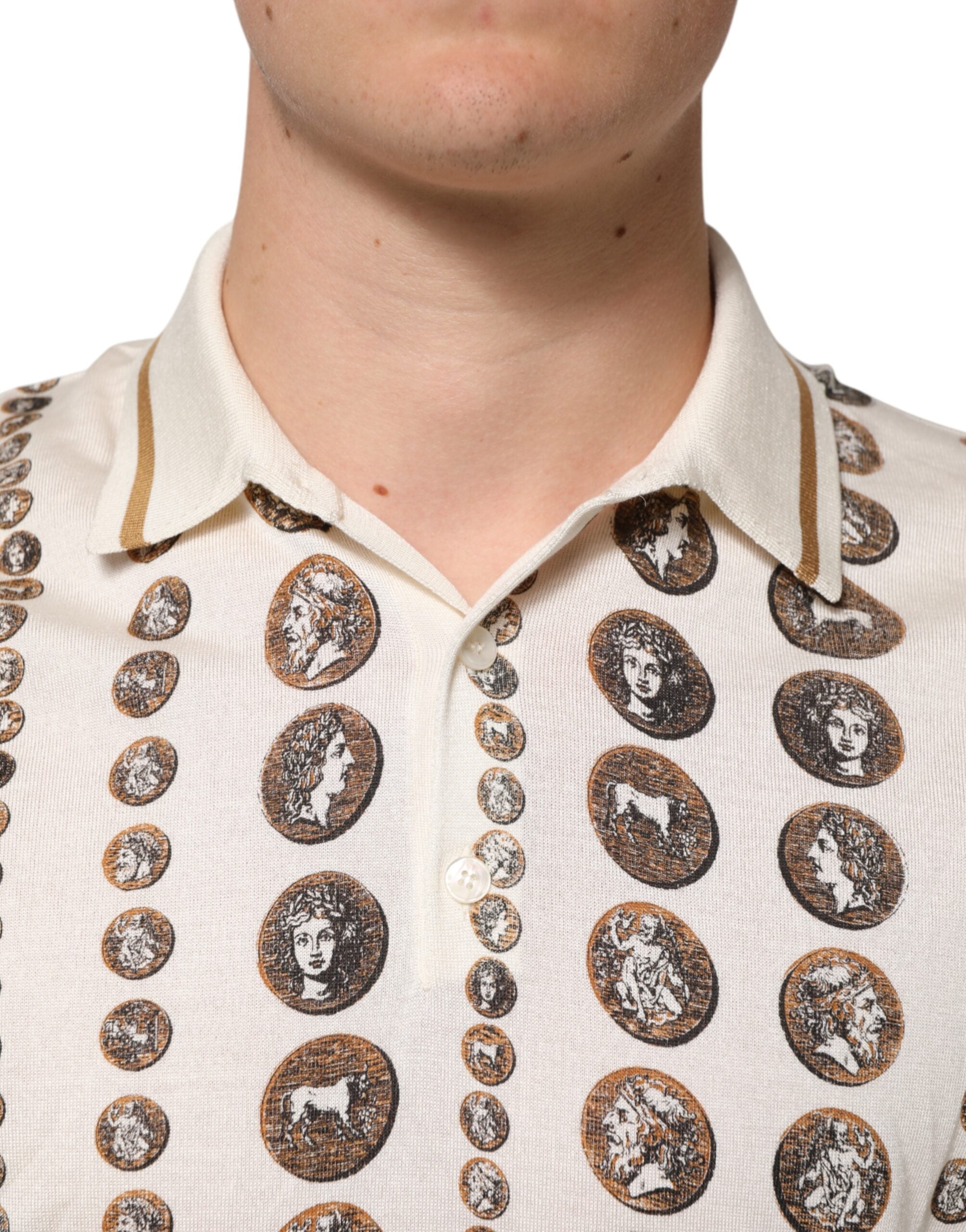 Elevate your wardrobe with the Dolce & Gabbana Silk Ivory Coin Print Polo T-shirt, a masterpiece of Italian craftsmanship that embodies timeless elegance and sophistication.