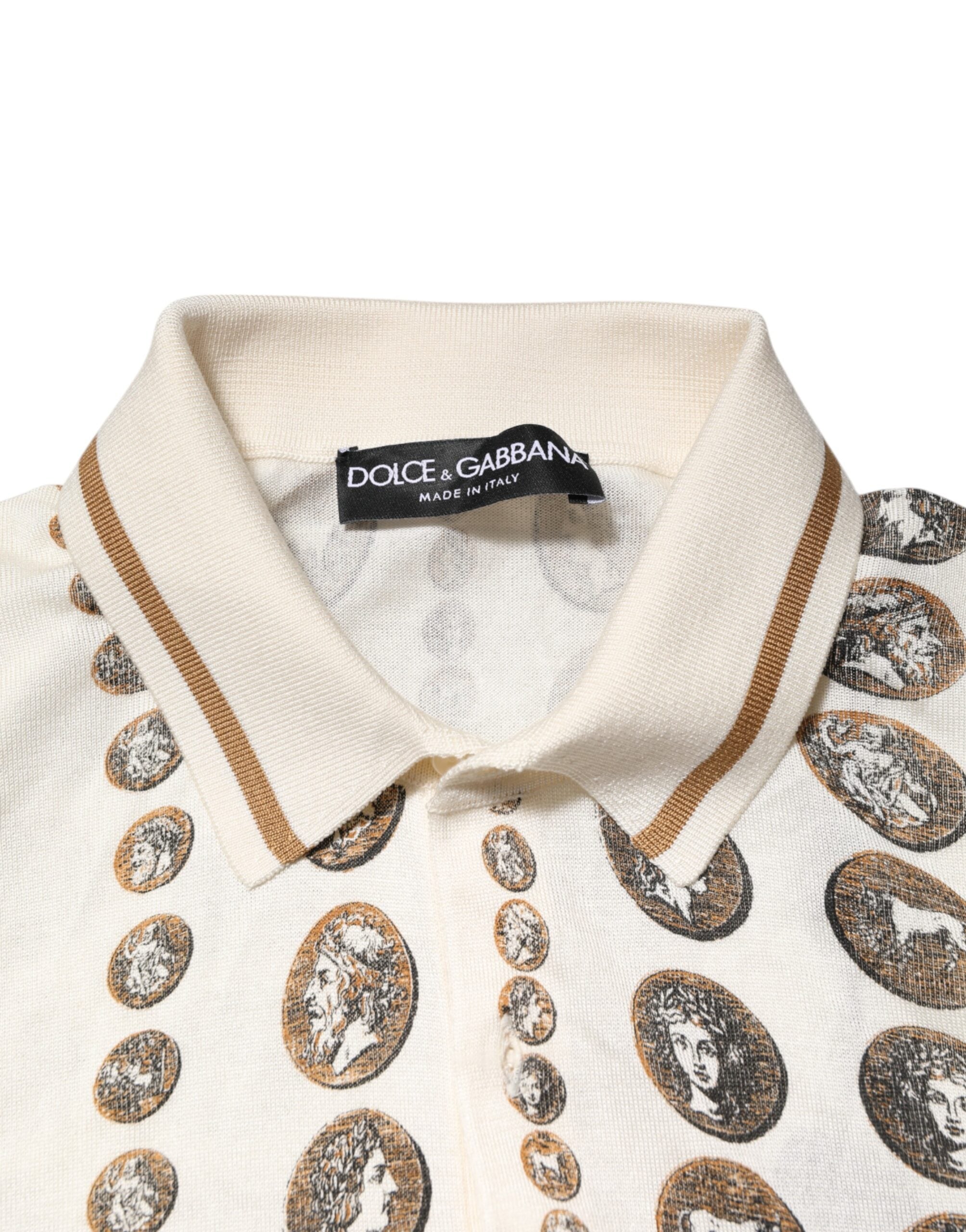 Indulge in the exquisite Dolce & Gabbana Silk Ivory Coin Print Polo T-shirt, a masterpiece of Italian craftsmanship that elevates your style with timeless elegance.