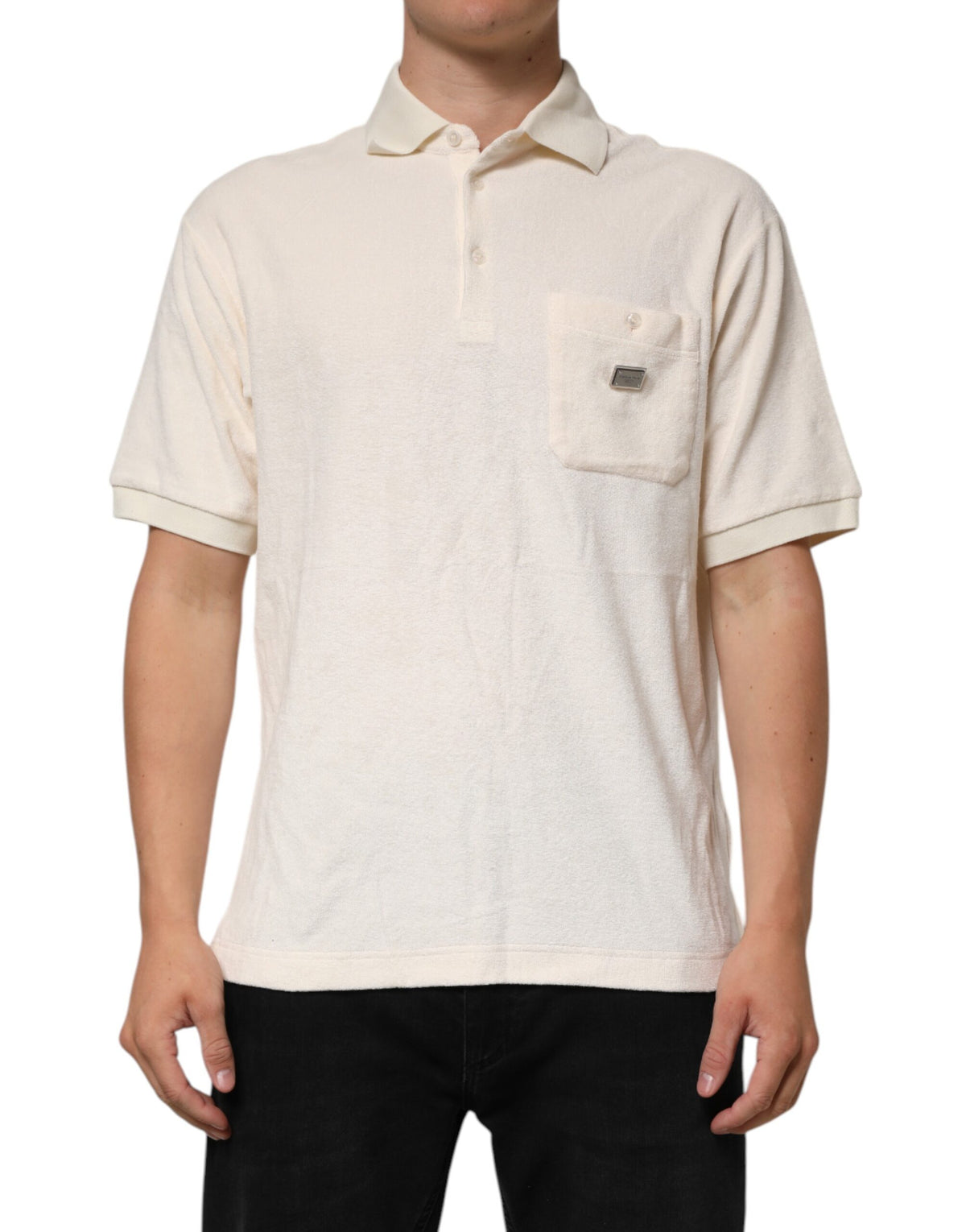 Elevate your wardrobe with the Dolce & Gabbana Ivory Cotton Terry Logo Pocket Polo T-shirt, a masterpiece of Italian craftsmanship that embodies luxurious sophistication and timeless style.