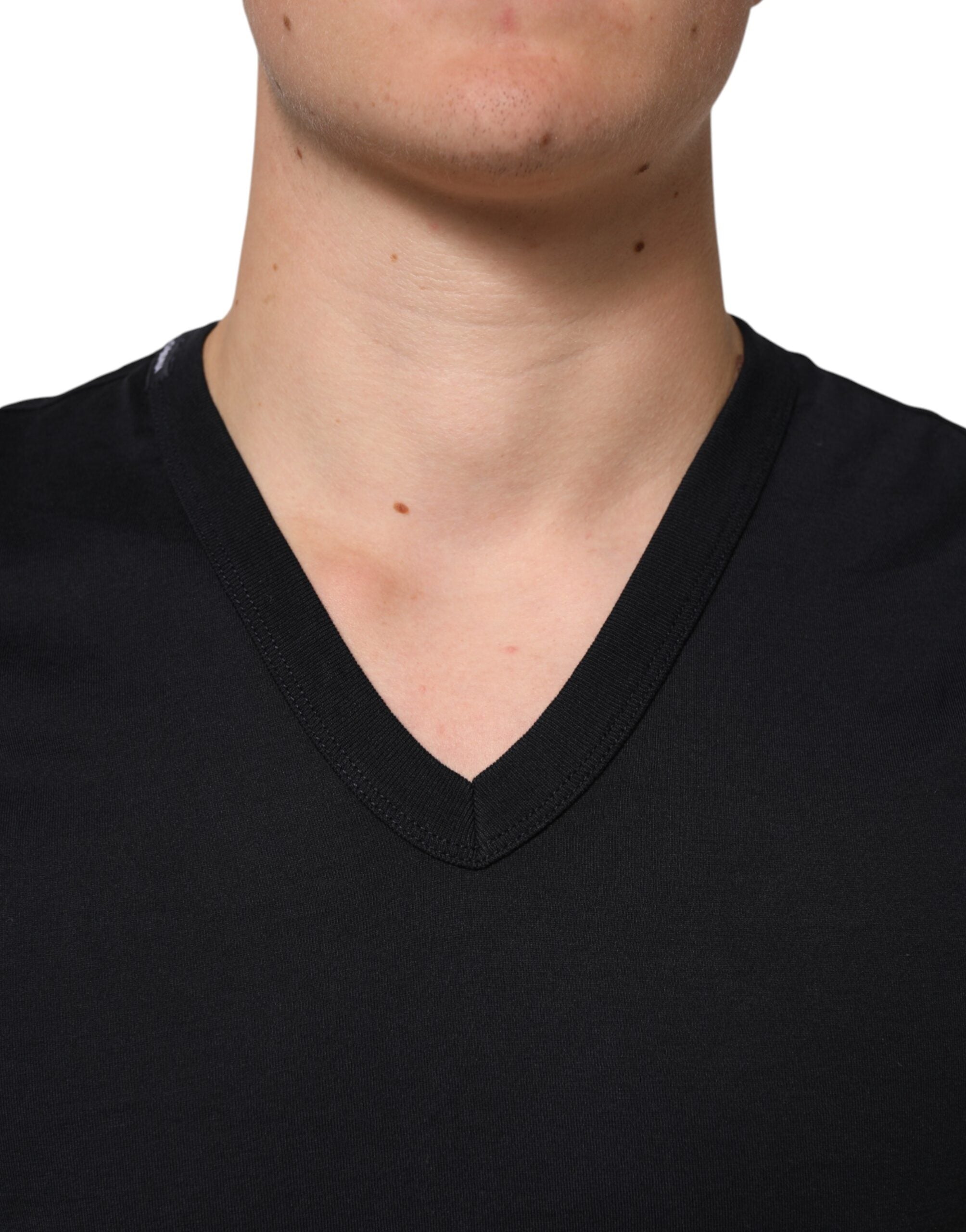 Dolce & Gabbana Black Cotton Plain V-Neck Men Shirt T-shirt