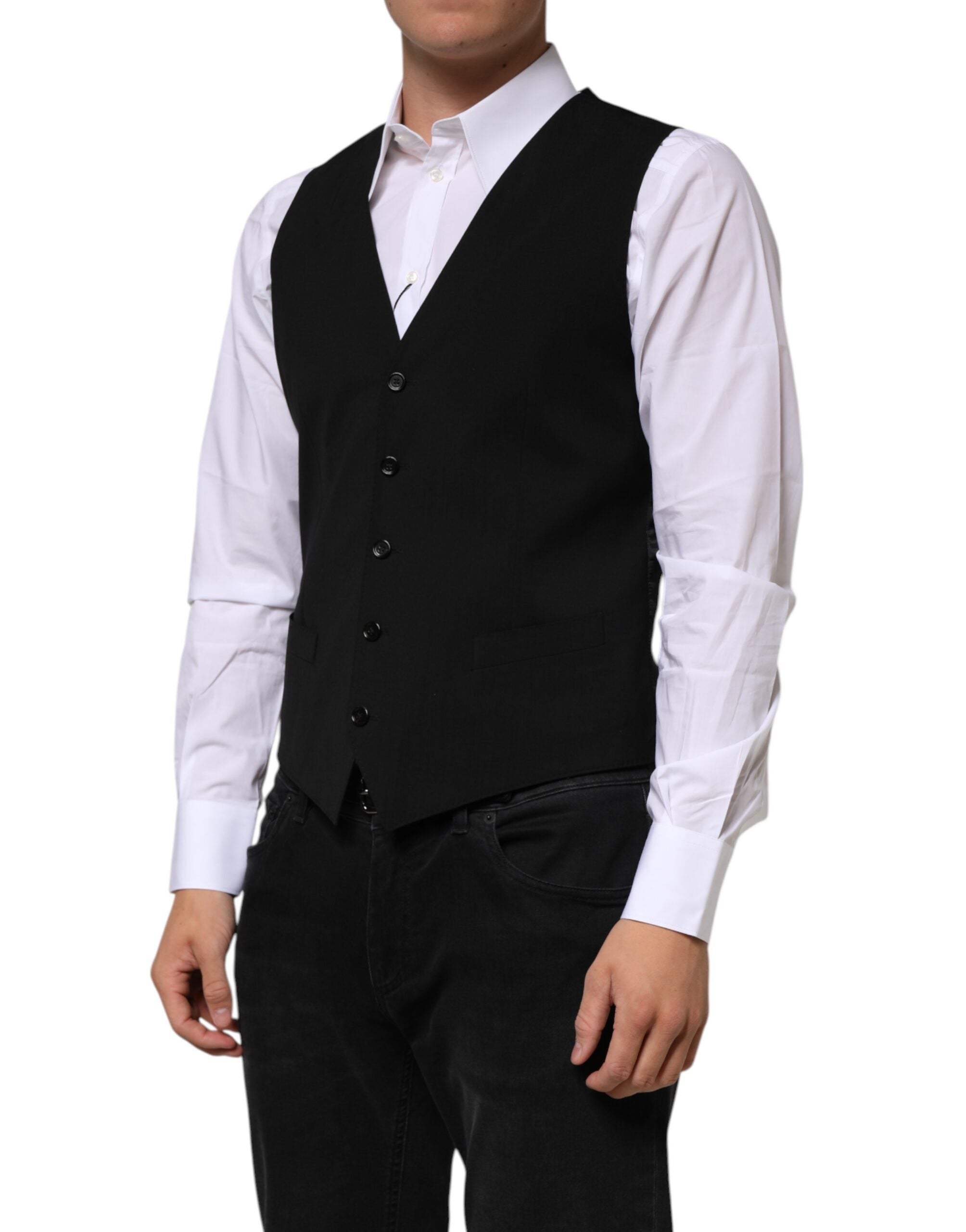 Elevate your elegance with the Dolce & Gabbana Black Wool Dress Waistcoat Vest, crafted from luxurious virgin wool for a timeless, sophisticated silhouette.