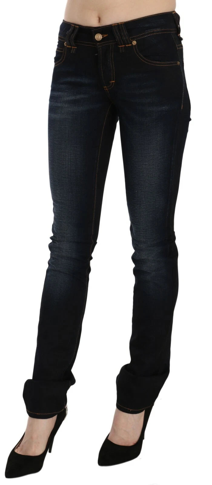Indulge in the exquisite allure of John Galliano's Dark Blue Mid Waist Slim Fit Denim, crafted from luxurious cotton and elastane for a silhouette that embodies sophistication and elegance.