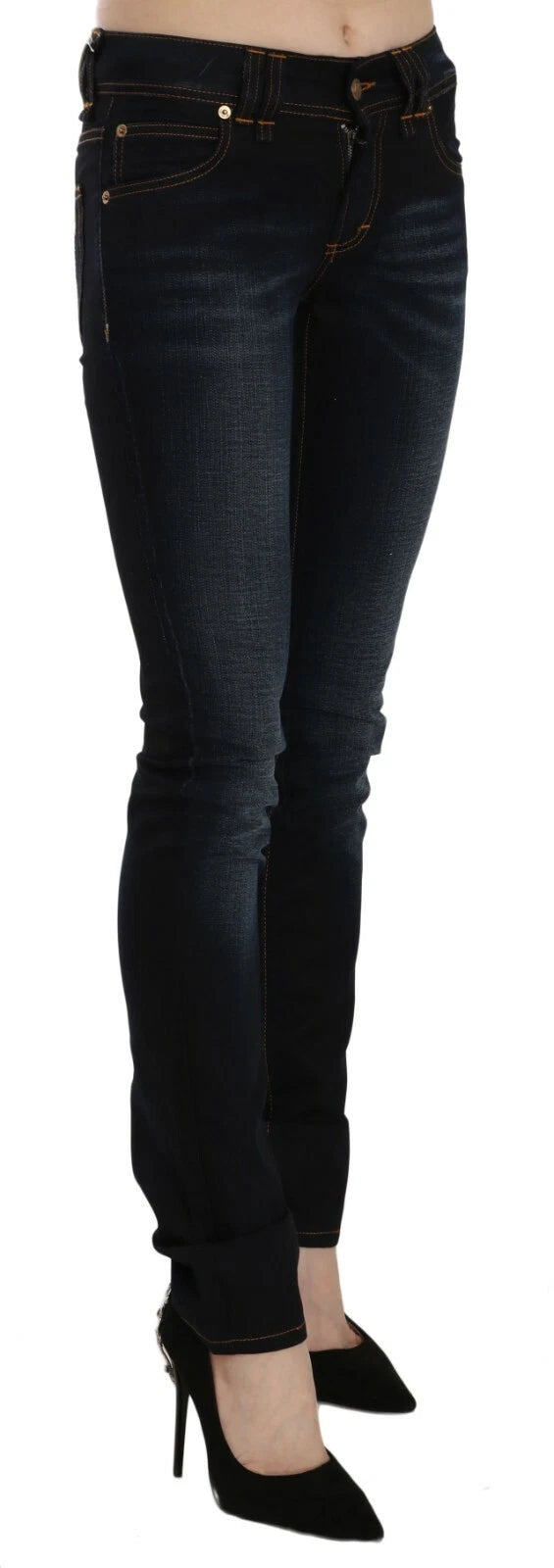 Indulge in the exquisite allure of John Galliano's Dark Blue Mid Waist Slim Fit Denim, where luxurious cotton and elastane embrace your form, elevating every moment with elegance.