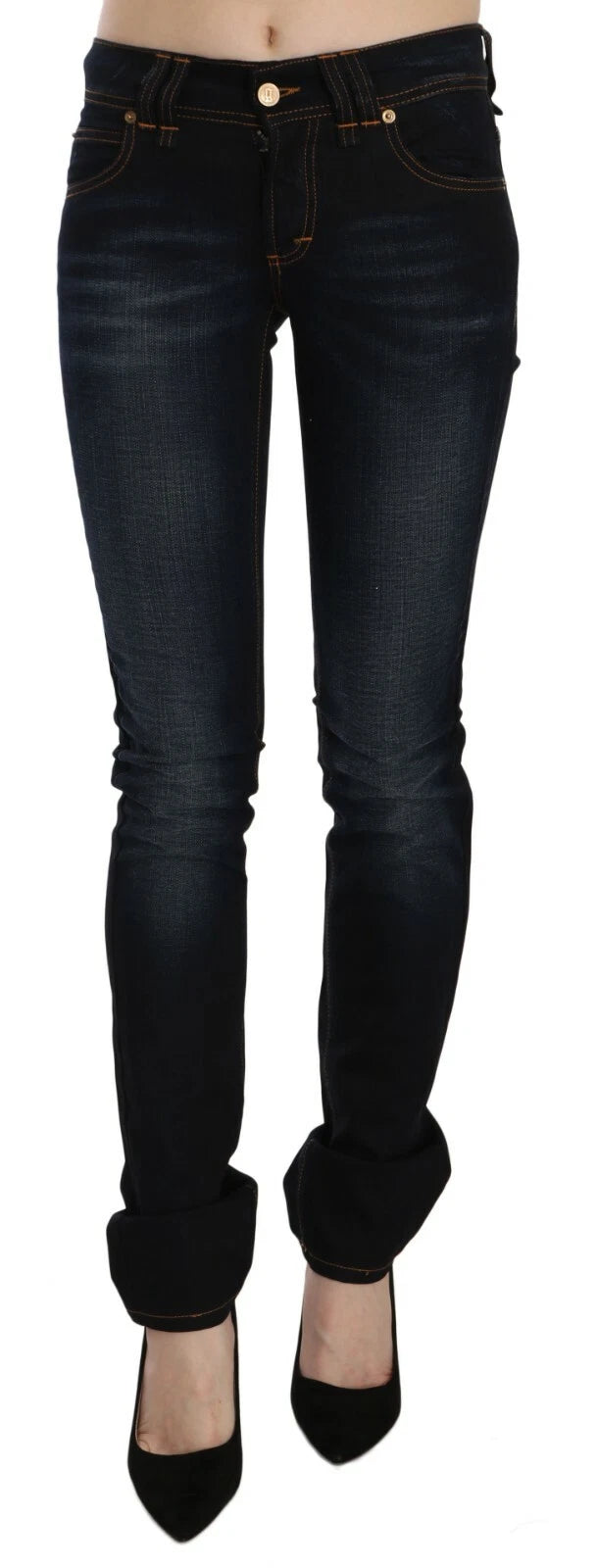 Indulge in the exquisite allure of John Galliano's Dark Blue Mid Waist Slim Fit Denim, crafted from luxurious cotton and elastane for a flawless silhouette that embodies sophistication.