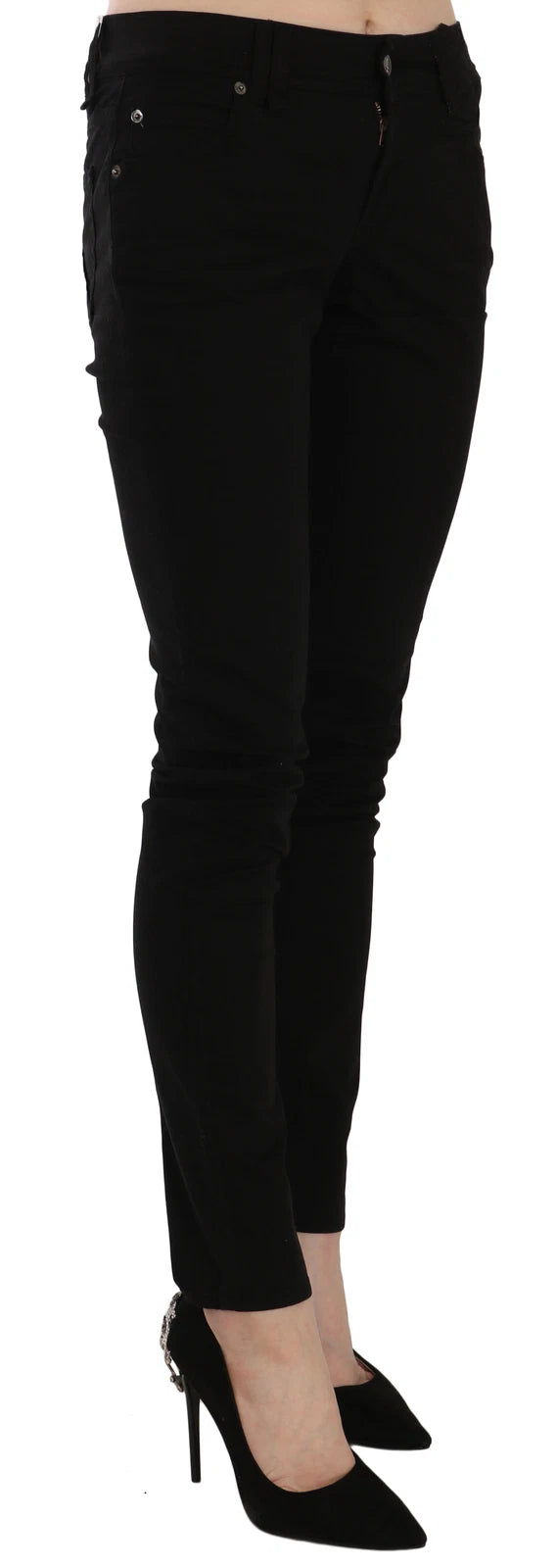 Indulge in the exquisite craftsmanship of John Galliano's Black Mid Waist Slim Fit Skinny Jeans, a luxurious essential that elevates your style with timeless elegance.