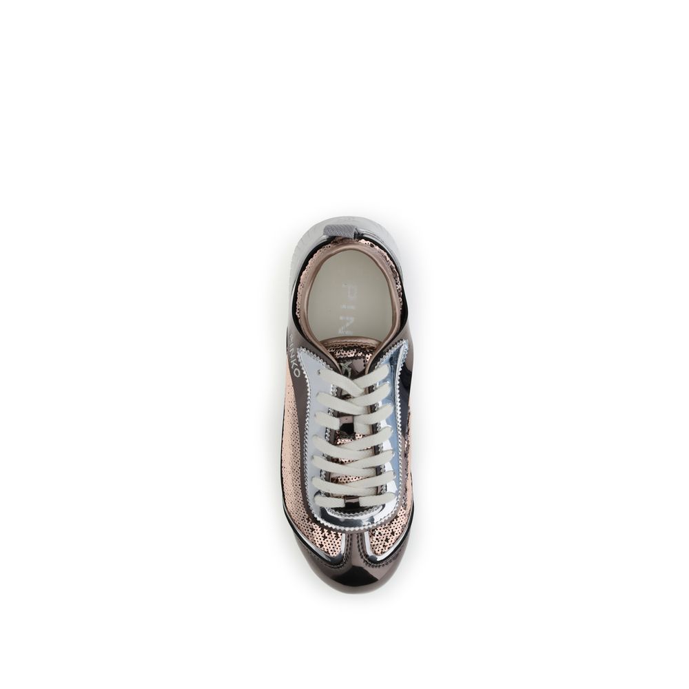 Elevate your style with PINKO's Reby 10 Sneakers, crafted from exquisite sequined mirror fabric, embodying luxury and sophistication for the discerning individual.